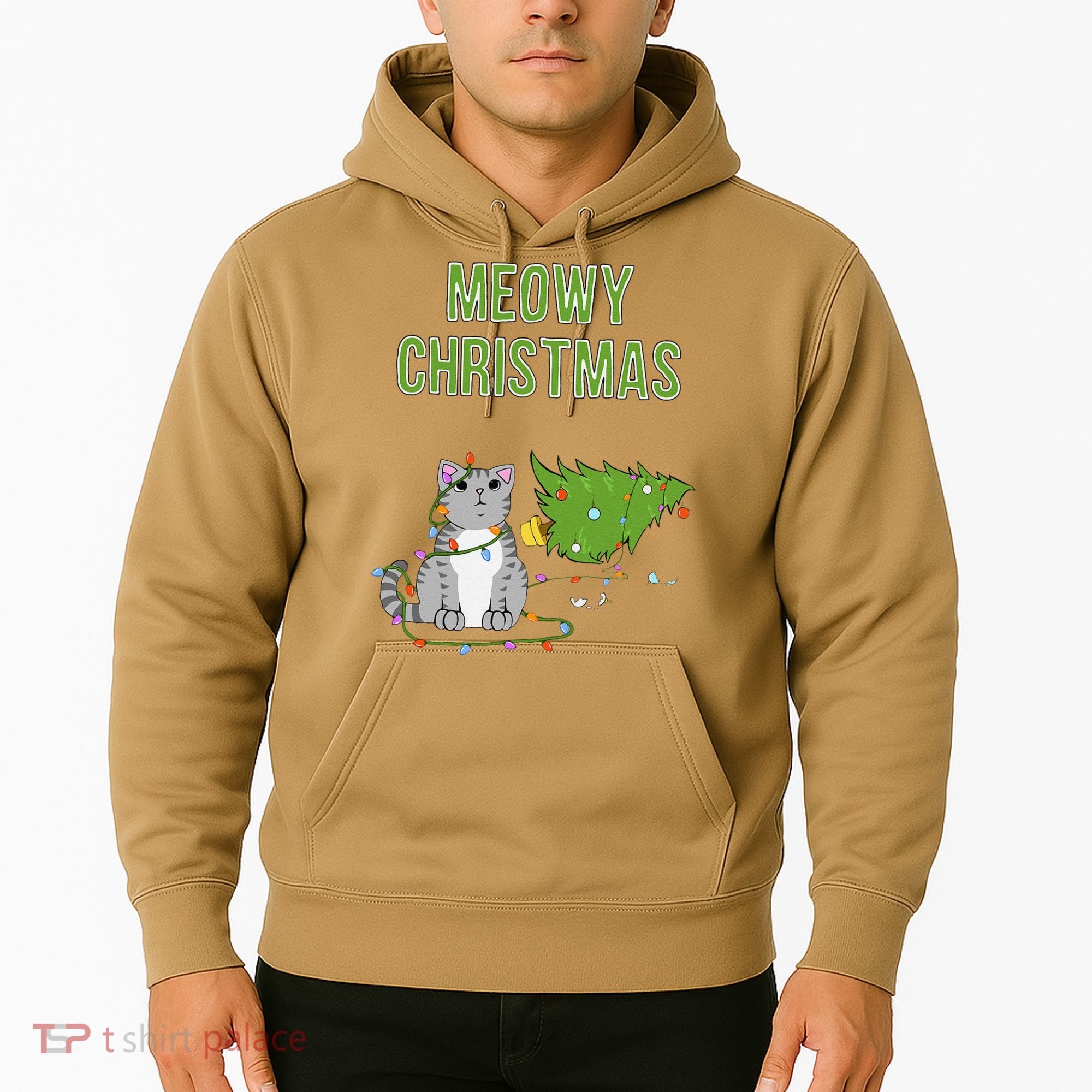 Christmas Tree Knocked Over By Gray Tabby Cat Meowy Xmas Hoodie