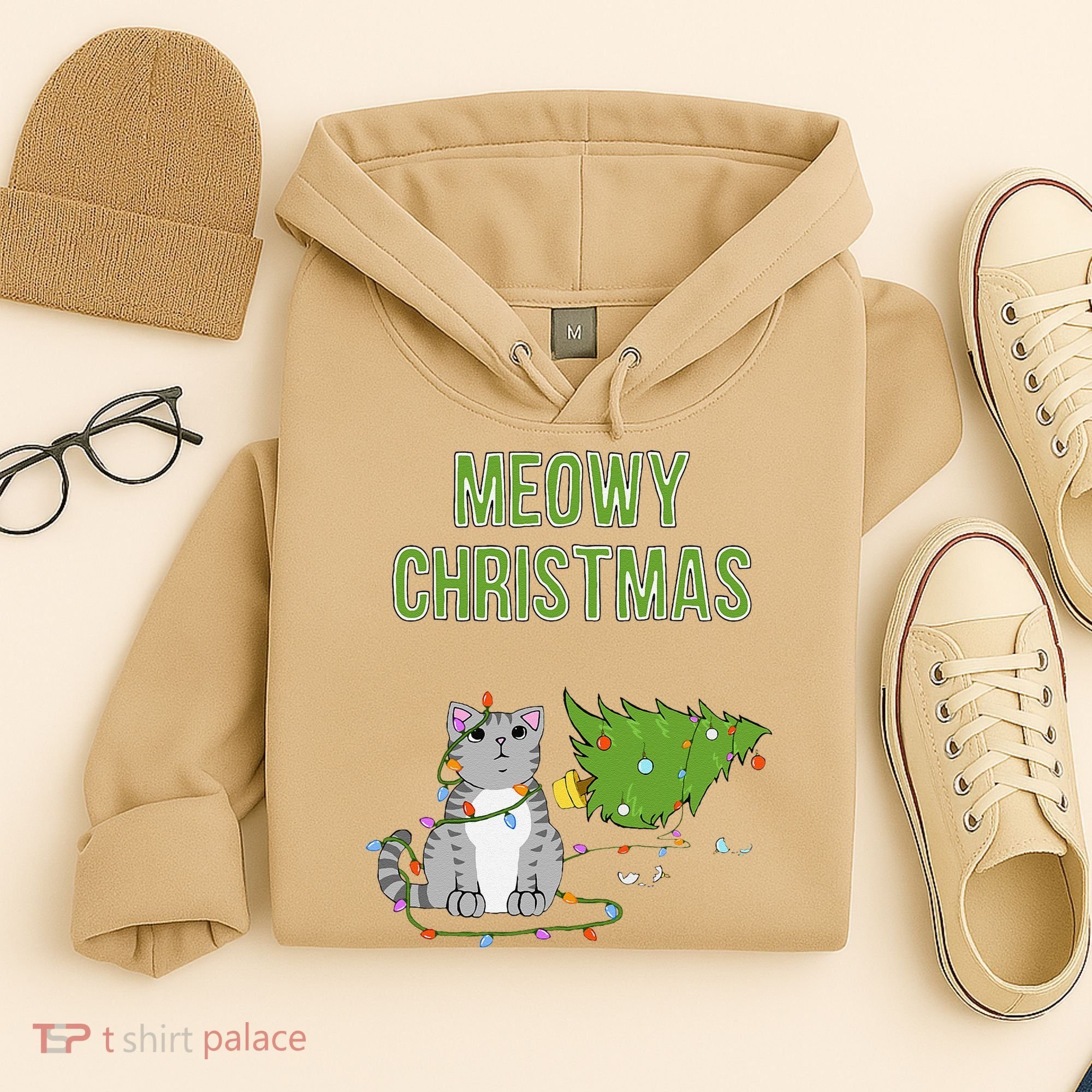 Christmas Tree Knocked Over By Gray Tabby Cat Meowy Xmas Hoodie