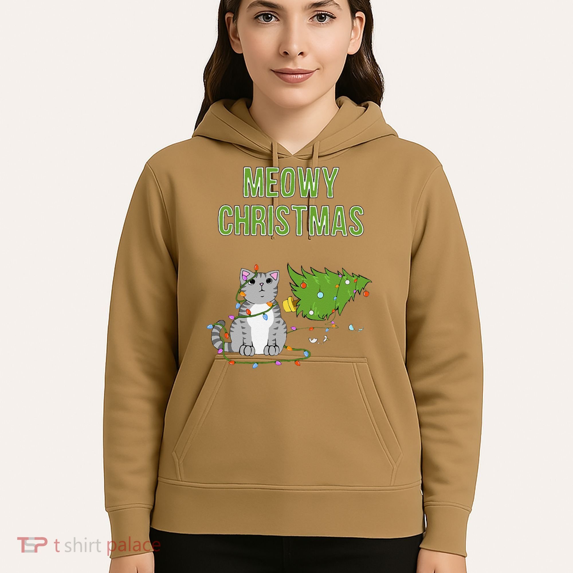 Christmas Tree Knocked Over By Gray Tabby Cat Meowy Xmas Hoodie