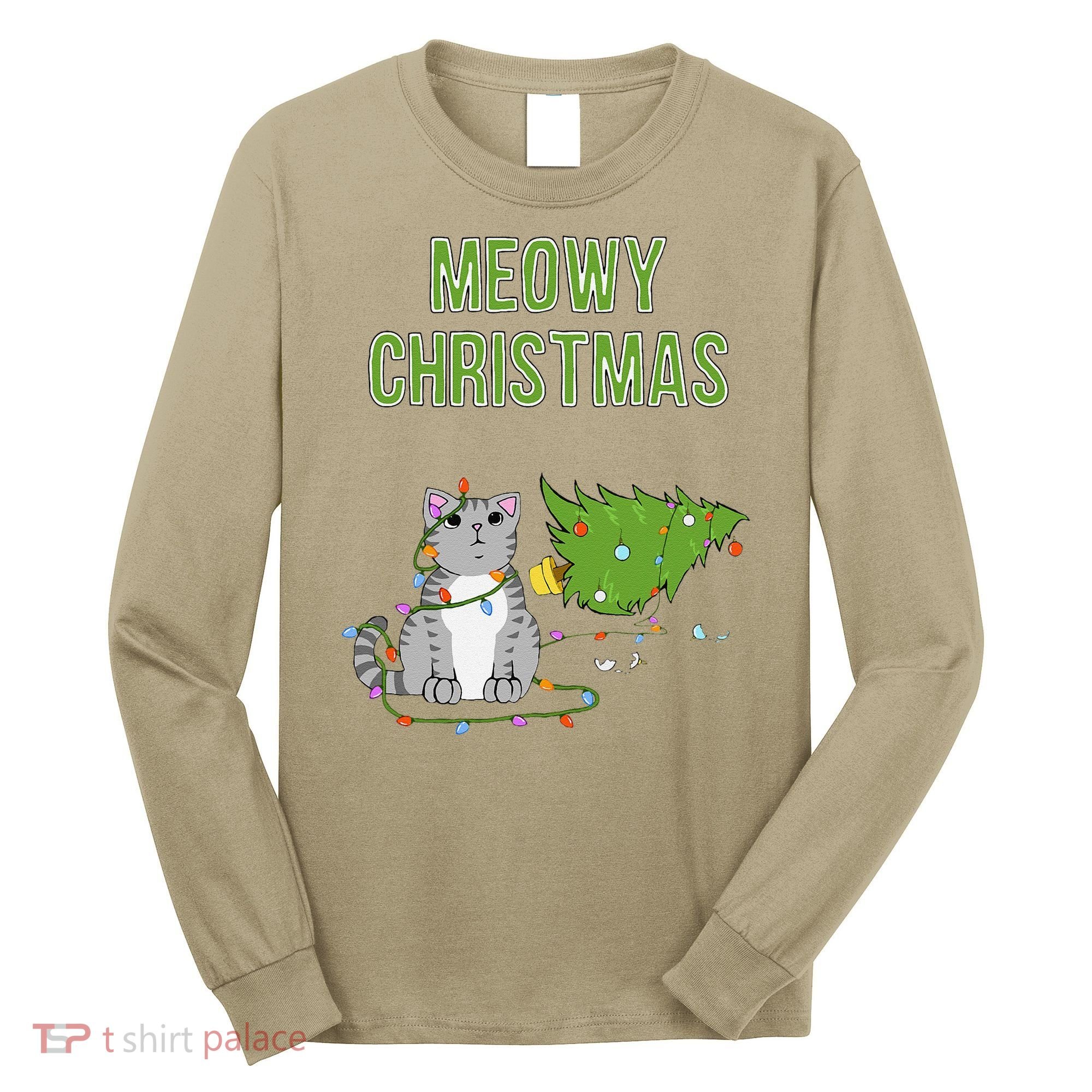 Christmas Tree Knocked Over By Gray Tabby Cat Meowy Xmas Long Sleeve Shirt