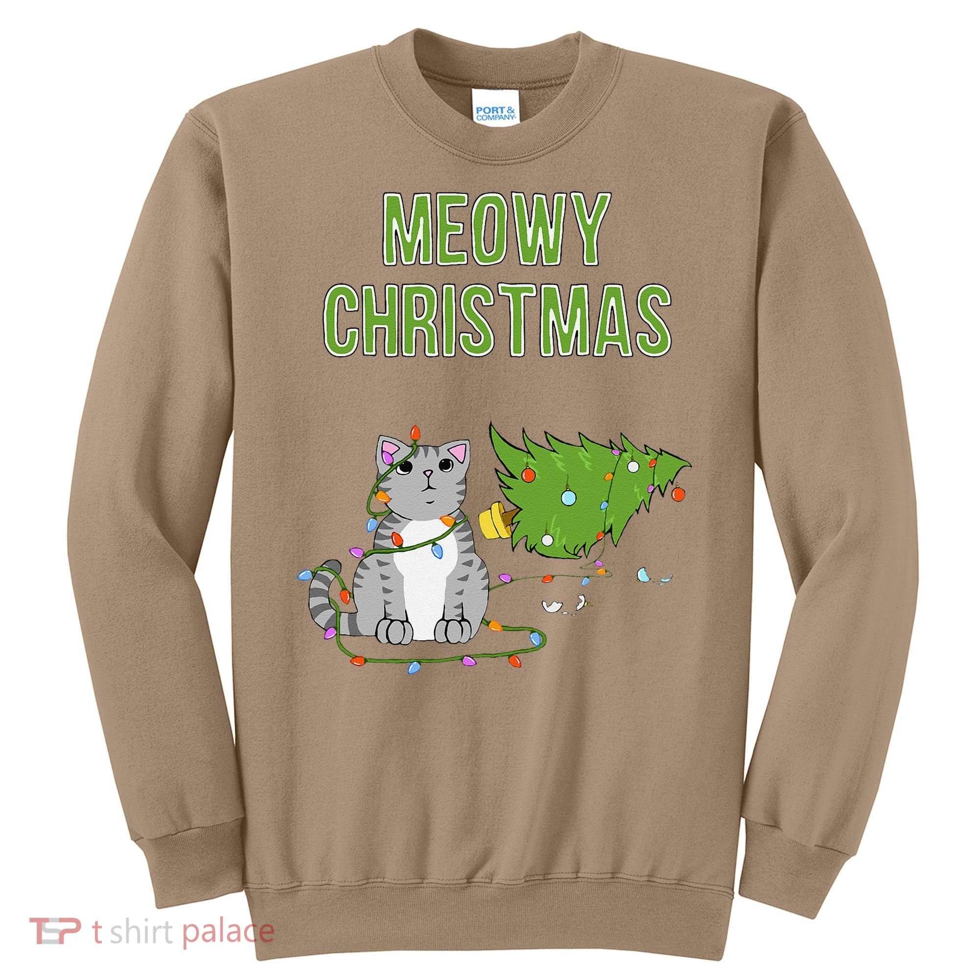 Christmas Tree Knocked Over By Gray Tabby Cat Meowy Xmas Sweatshirt
