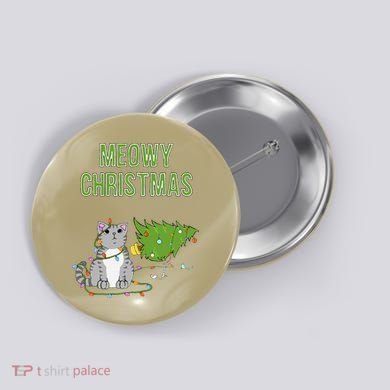Christmas Tree Knocked Over By Gray Tabby Cat Meowy Xmas Button