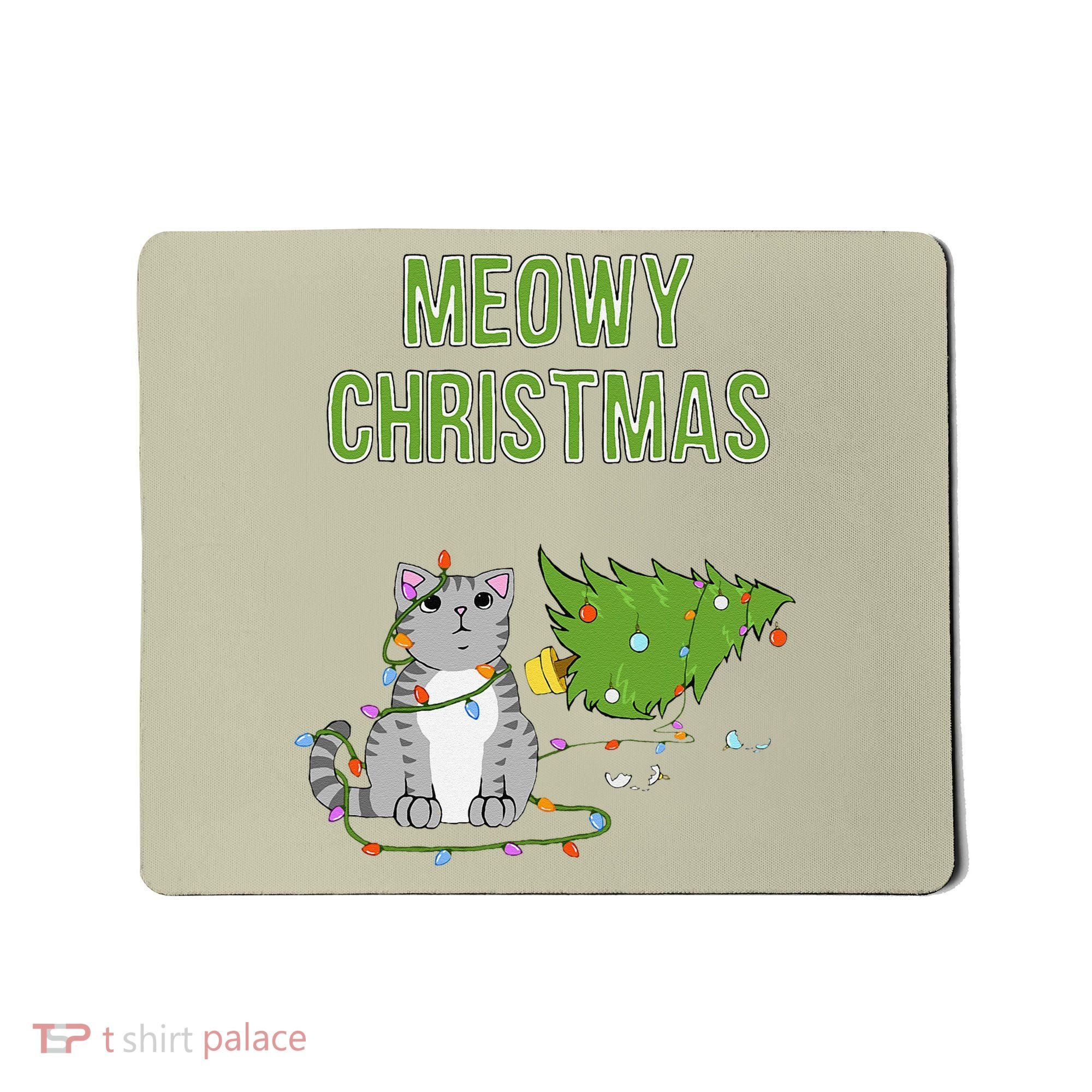 Christmas Tree Knocked Over By Gray Tabby Cat Meowy Xmas Mousepad