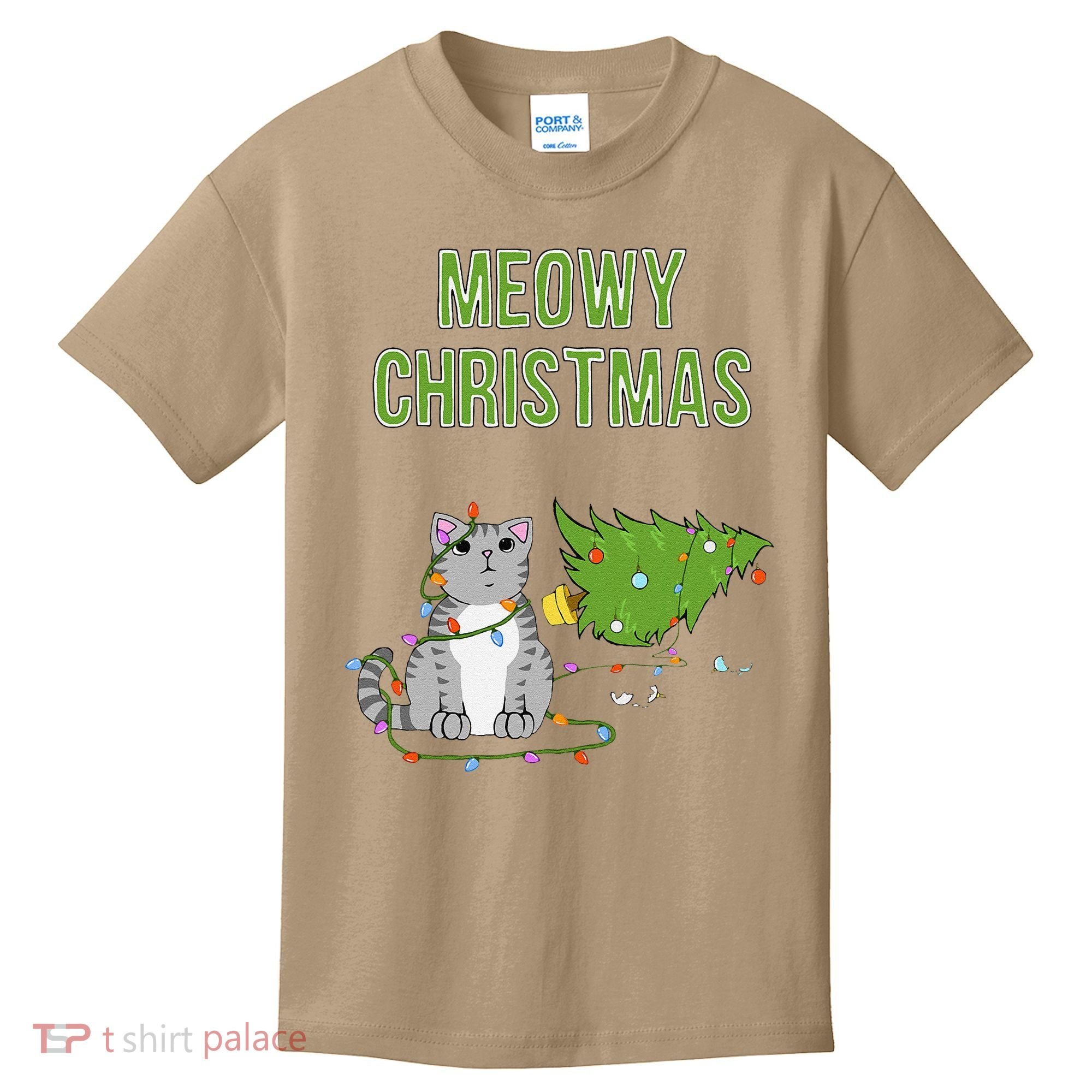 Christmas Tree Knocked Over By Gray Tabby Cat Meowy Xmas Kids T-Shirt