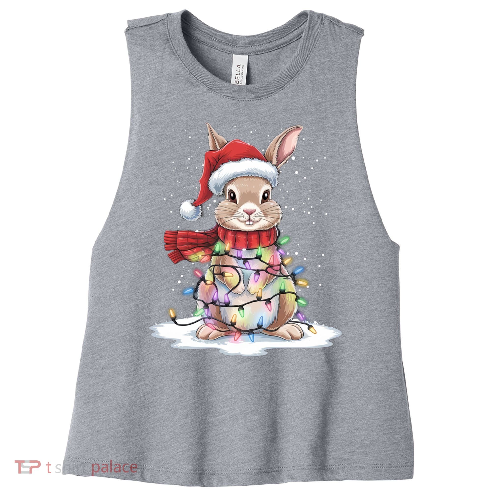 Christmas Tree Lights Rabbit Santa Hat Holiday Xmas Gift Women's Racerback Cropped Tank