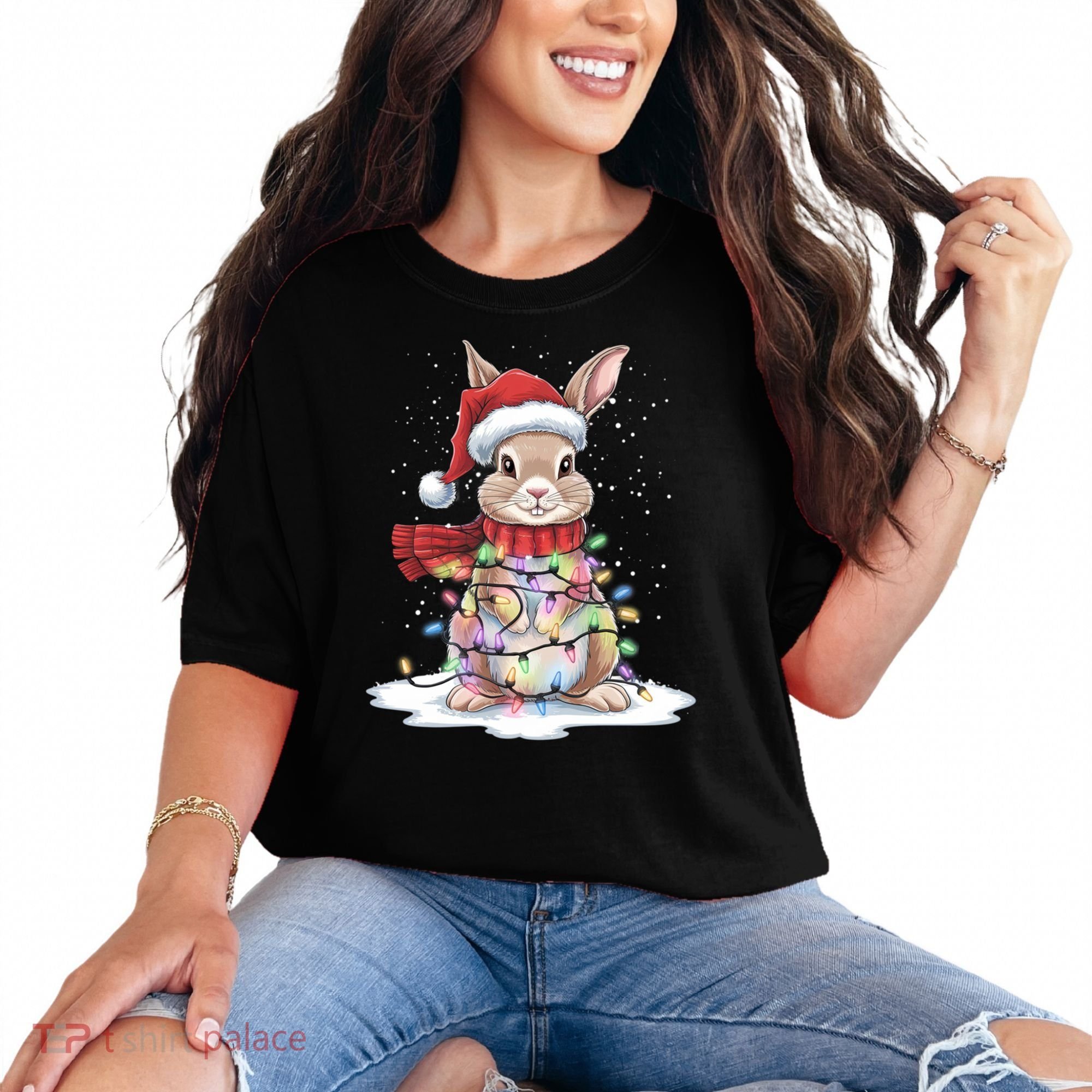 Christmas Tree Lights Rabbit Santa Hat Holiday Xmas Gift Comfort Colors T-Shirt