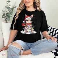 Christmas Tree Lights Rabbit Santa Hat Holiday Xmas Gift Comfort Colors T-Shirt thumb 2