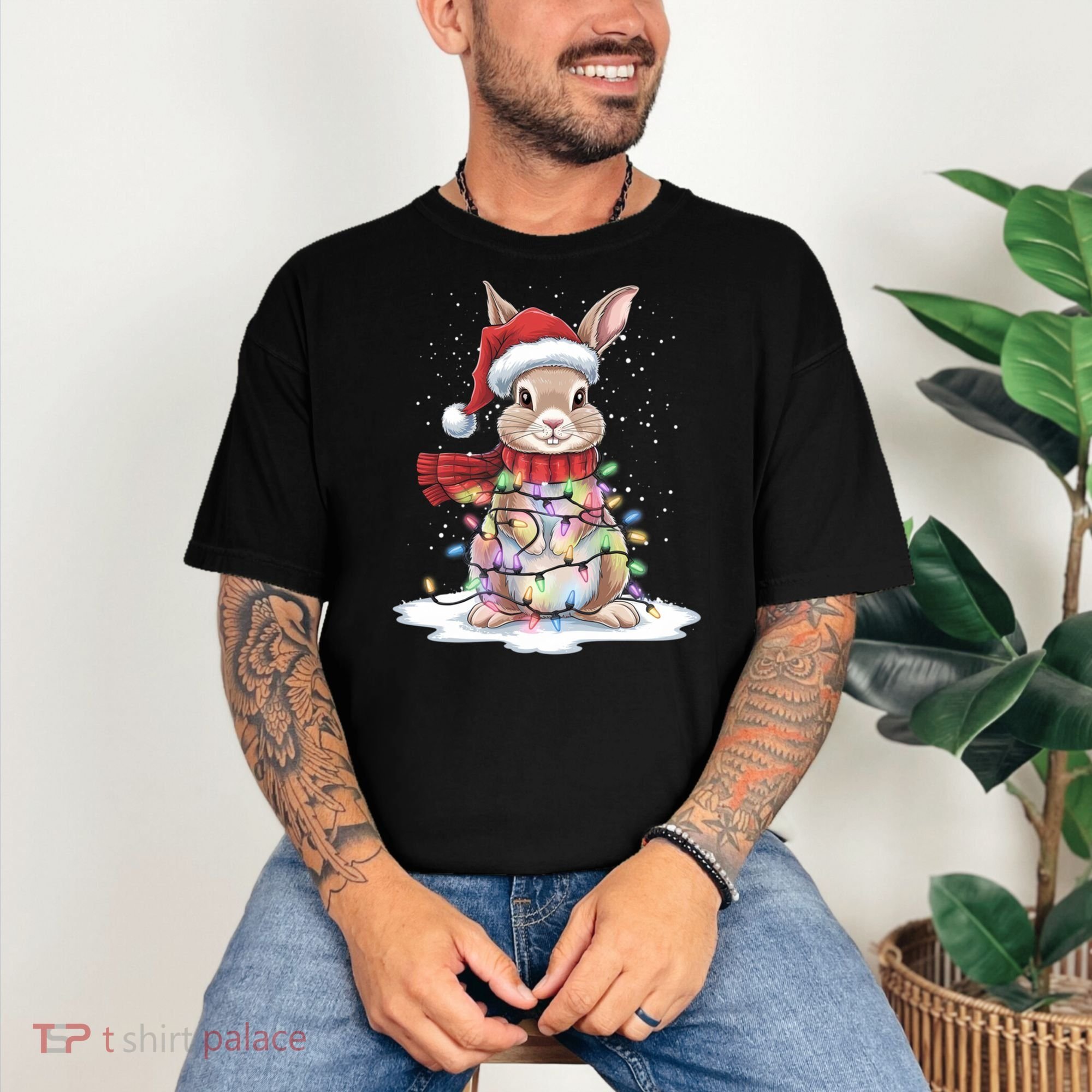 Christmas Tree Lights Rabbit Santa Hat Holiday Xmas Gift Comfort Colors T-Shirt