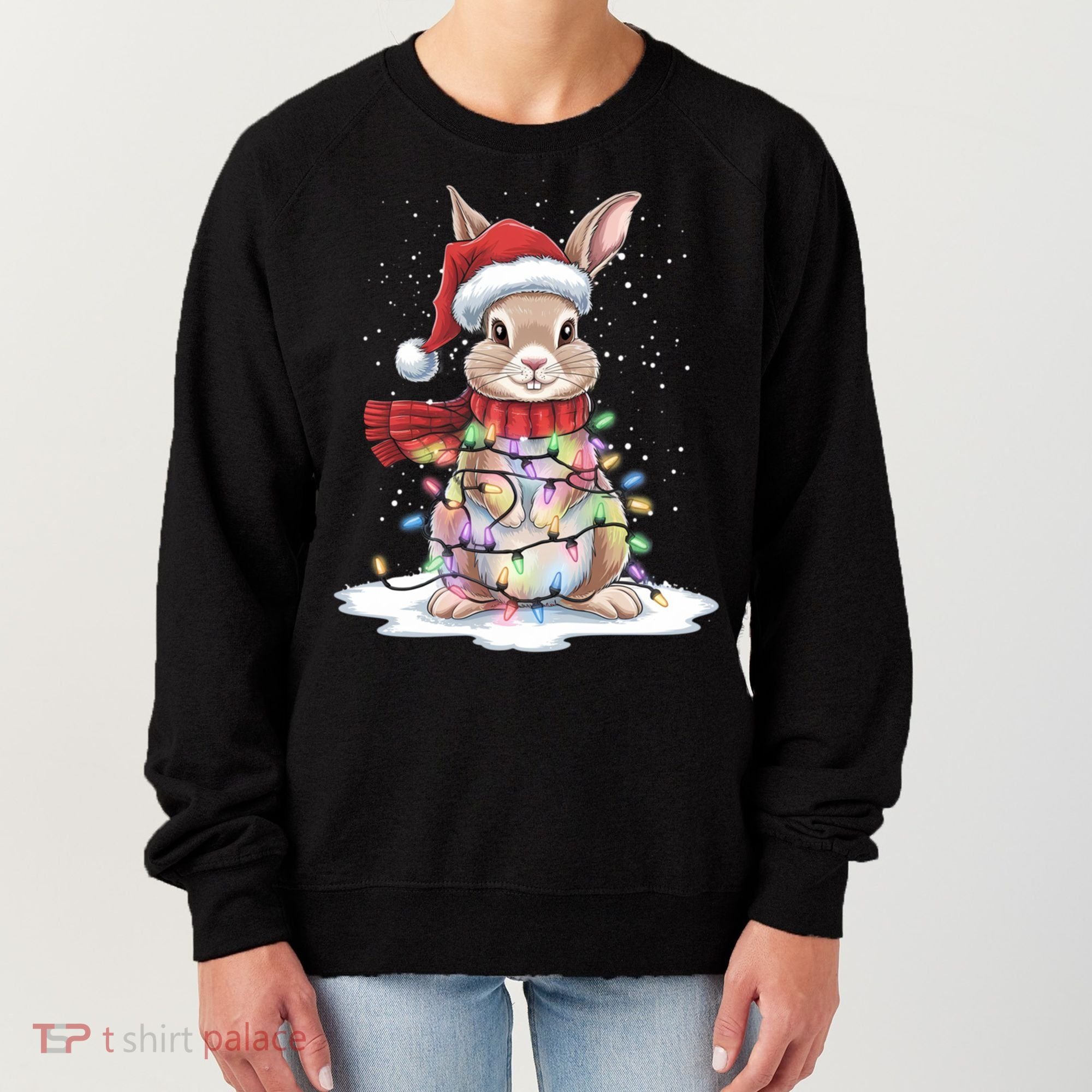 Christmas Tree Lights Rabbit Santa Hat Holiday Xmas Gift Women's Sweatshirt