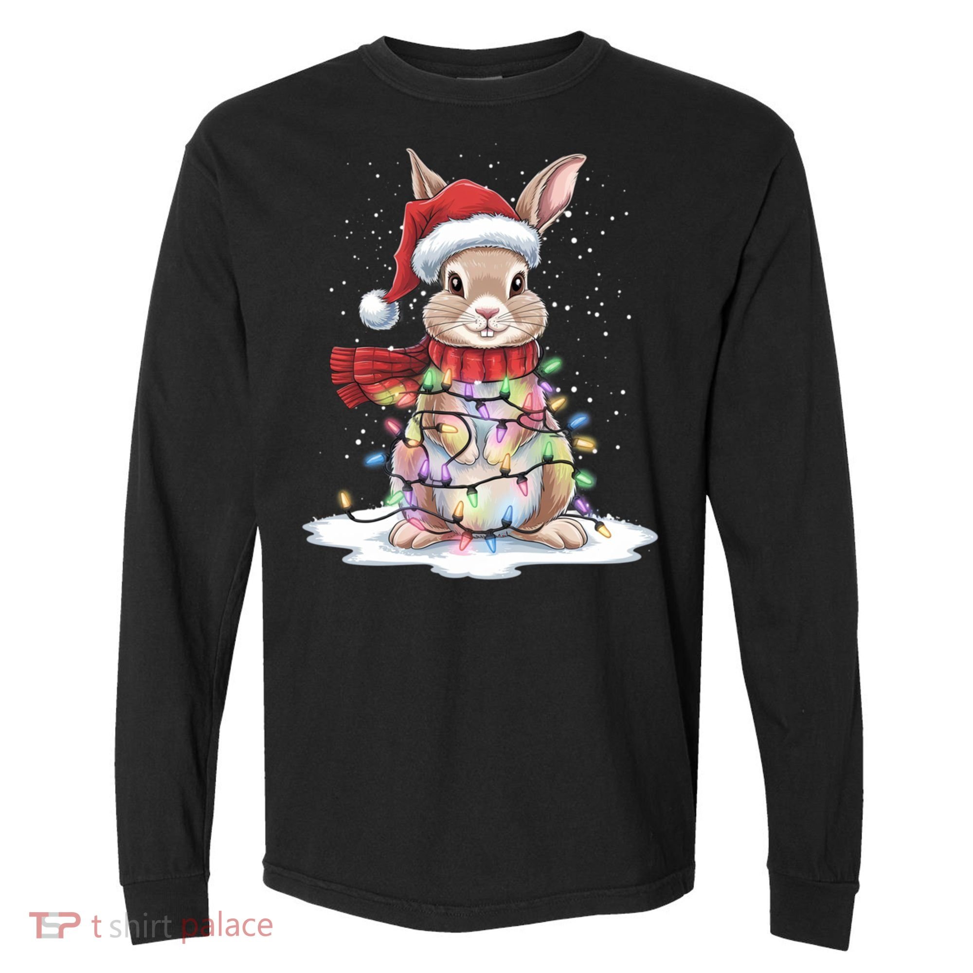 Christmas Tree Lights Rabbit Santa Hat Holiday Xmas Gift Comfort Colors Heavyweight Long Sleeve T-Shirt