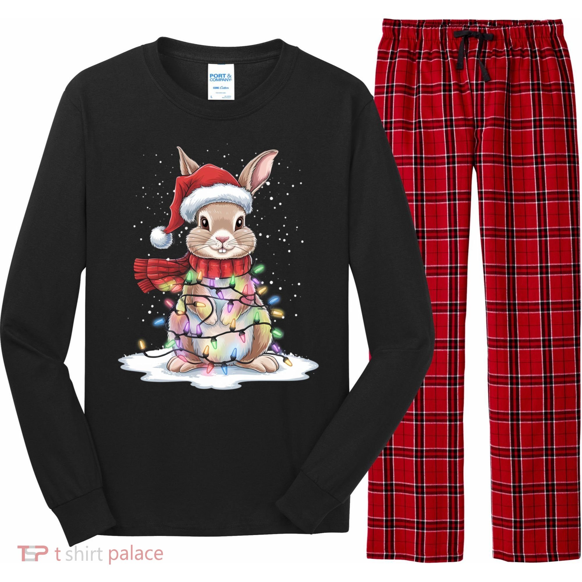 Christmas Tree Lights Rabbit Santa Hat Holiday Xmas Gift Long Sleeve Pajama Set