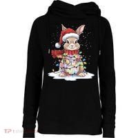 Christmas Tree Lights Rabbit Santa Hat Holiday Xmas Gift Womens Funnel Neck Pullover Hood thumb 0