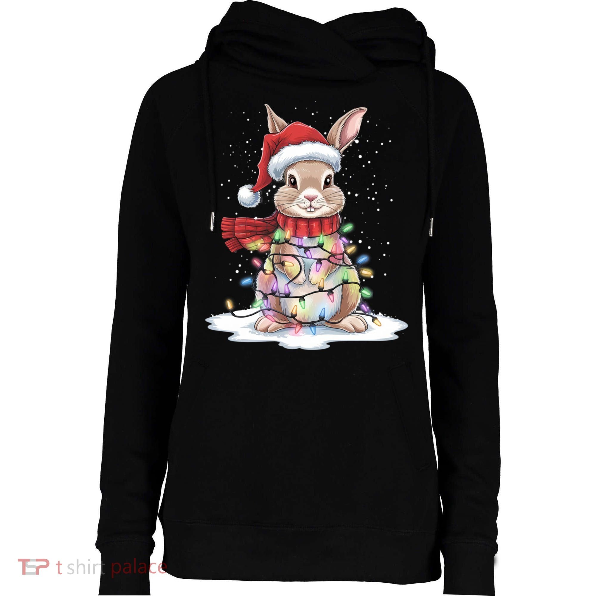 Christmas Tree Lights Rabbit Santa Hat Holiday Xmas Gift Womens Funnel Neck Pullover Hood