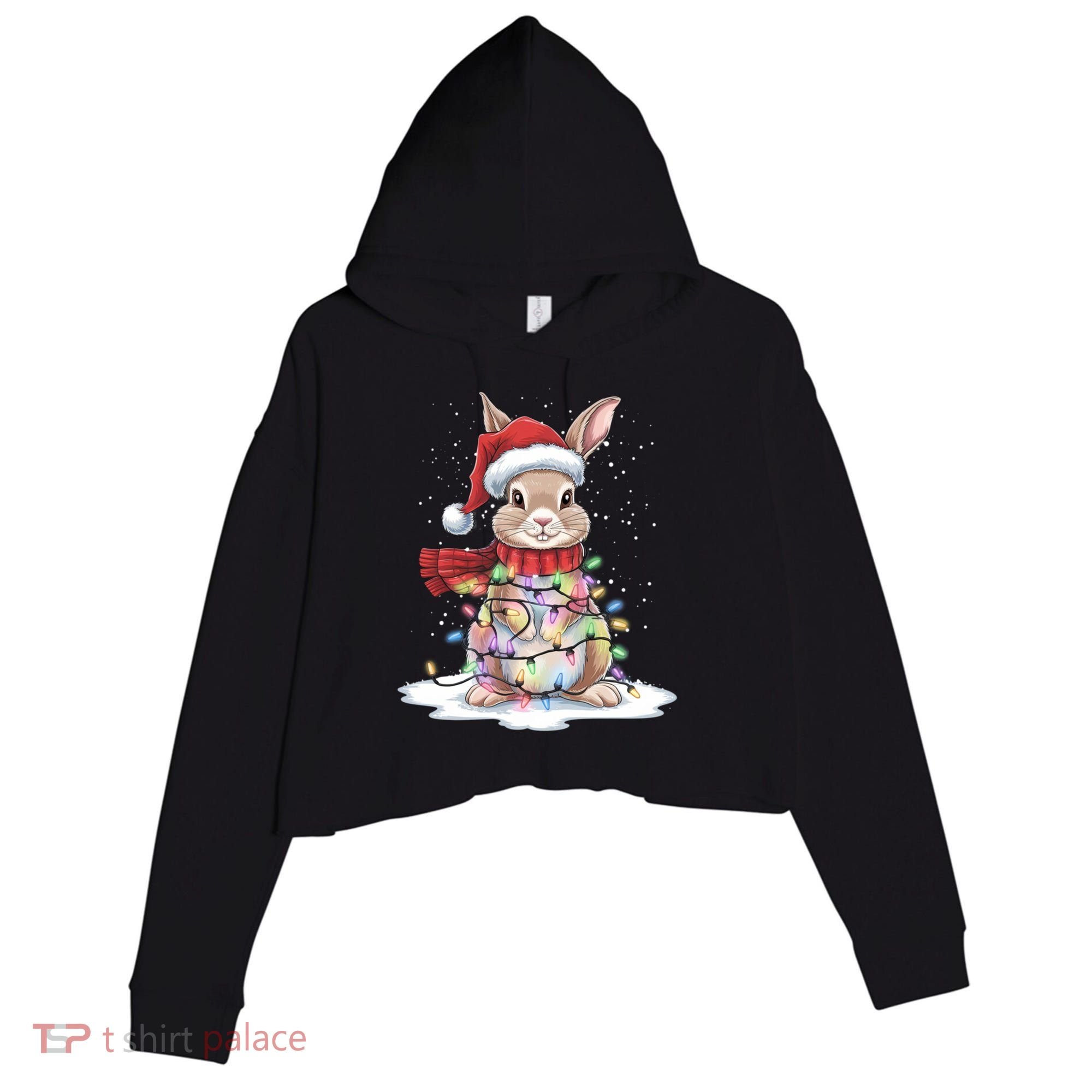 Christmas Tree Lights Rabbit Santa Hat Holiday Xmas Gift Crop Fleece Hoodie