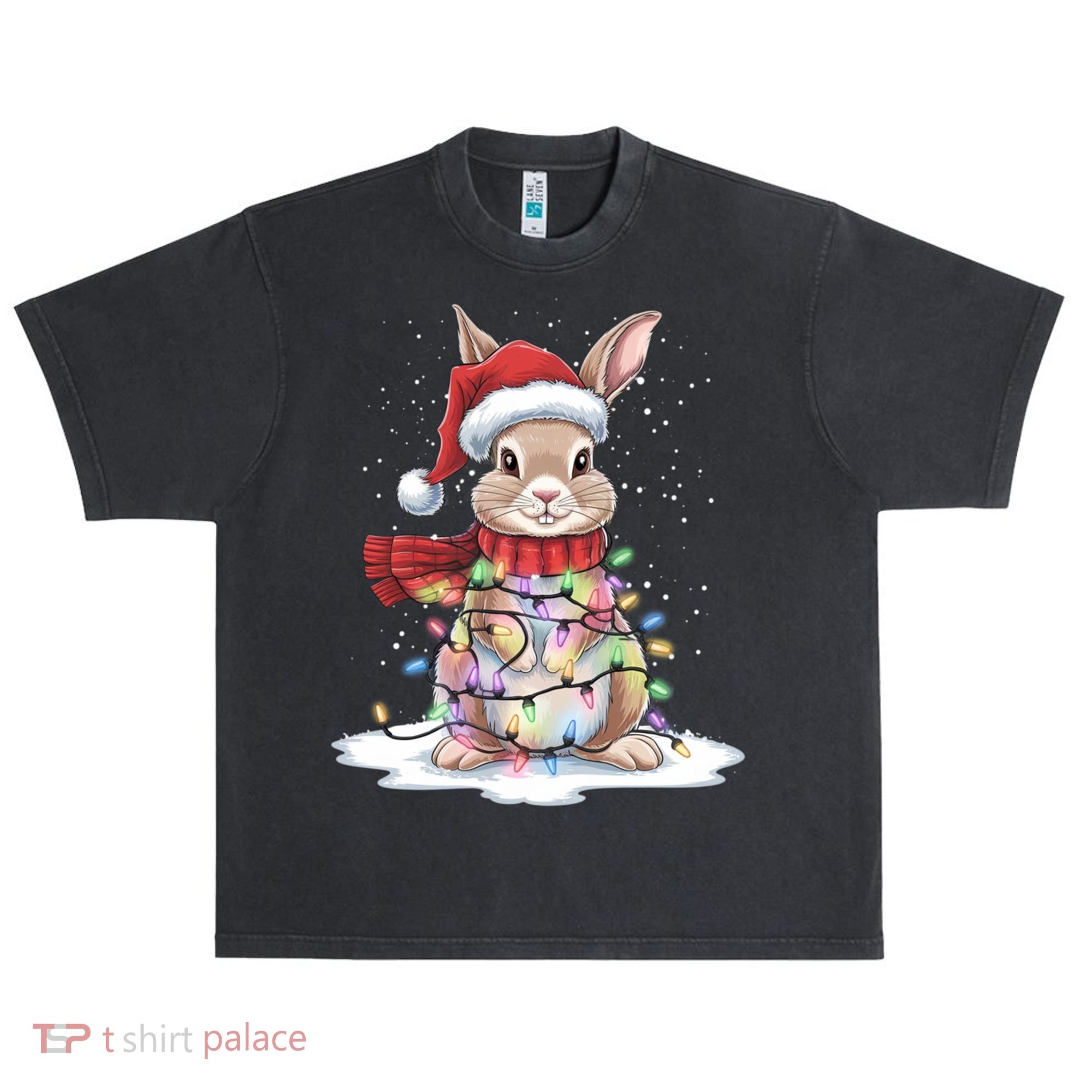Christmas Tree Lights Rabbit Santa Hat Holiday Xmas Gift Urban Oversized Heavyweight T-Shirt