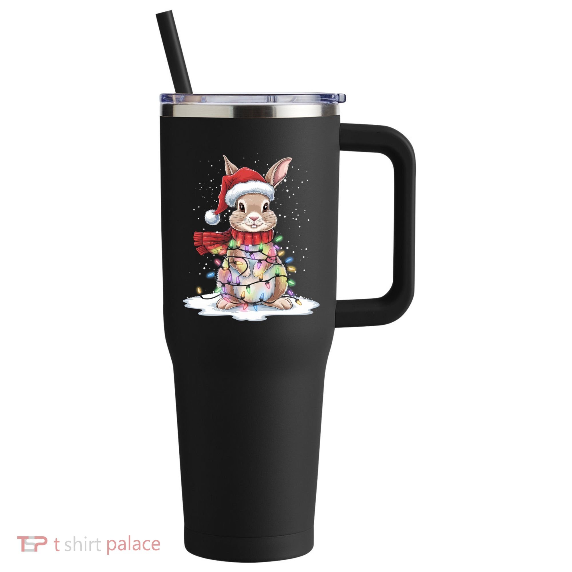 Christmas Tree Lights Rabbit Santa Hat Holiday Xmas Gift 40oz Vacuum Insulated Stainless Steel Travel Tumbler