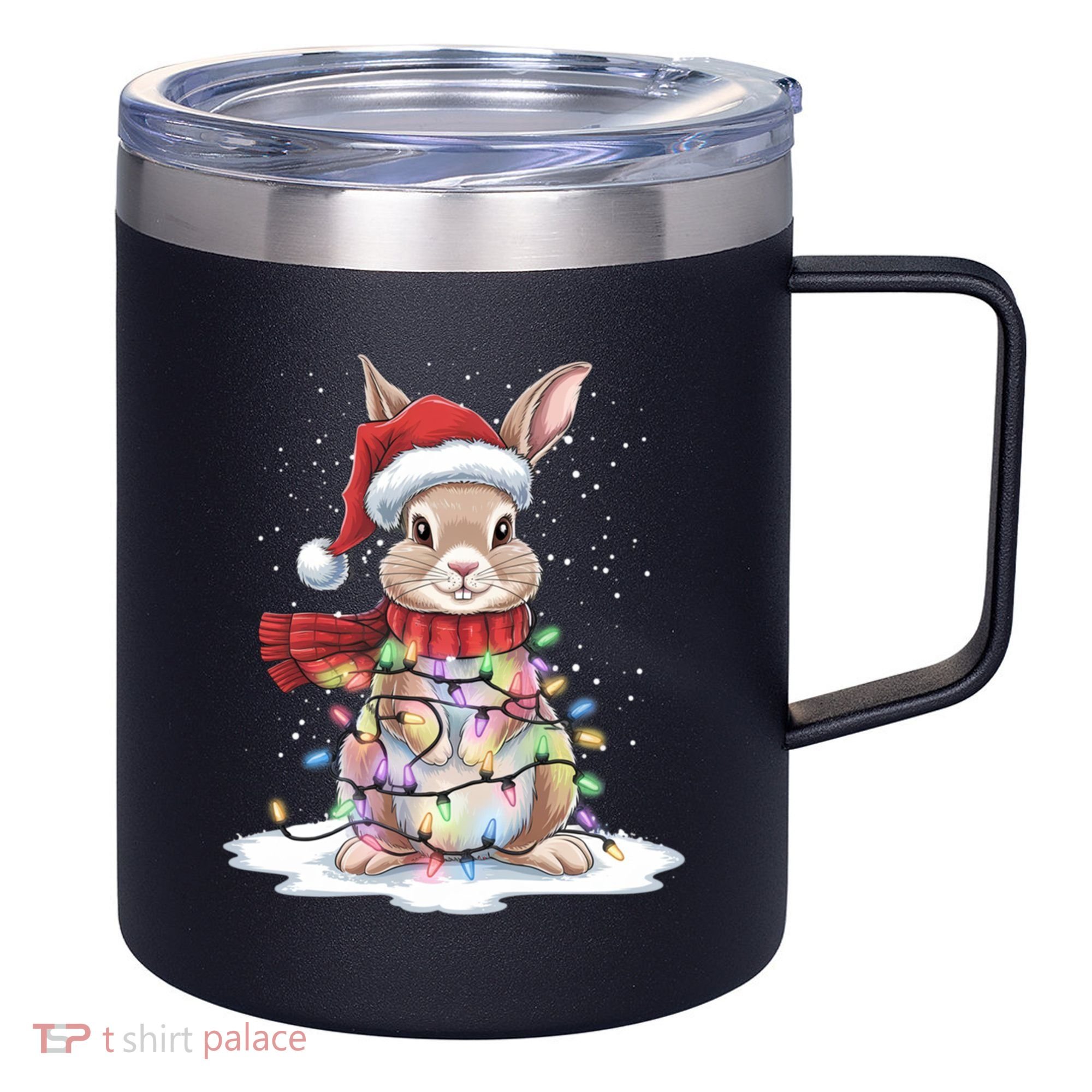Christmas Tree Lights Rabbit Santa Hat Holiday Xmas Gift 12oz Stainless Steel Coffee Mug
