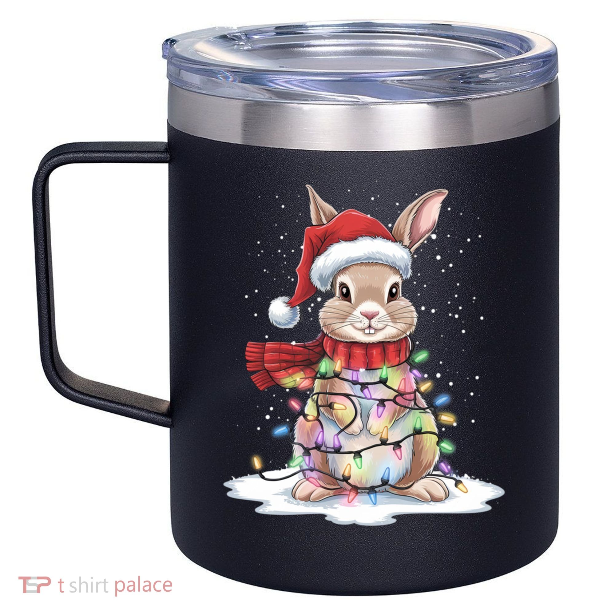 Christmas Tree Lights Rabbit Santa Hat Holiday Xmas Gift 12oz Stainless Steel Coffee Mug