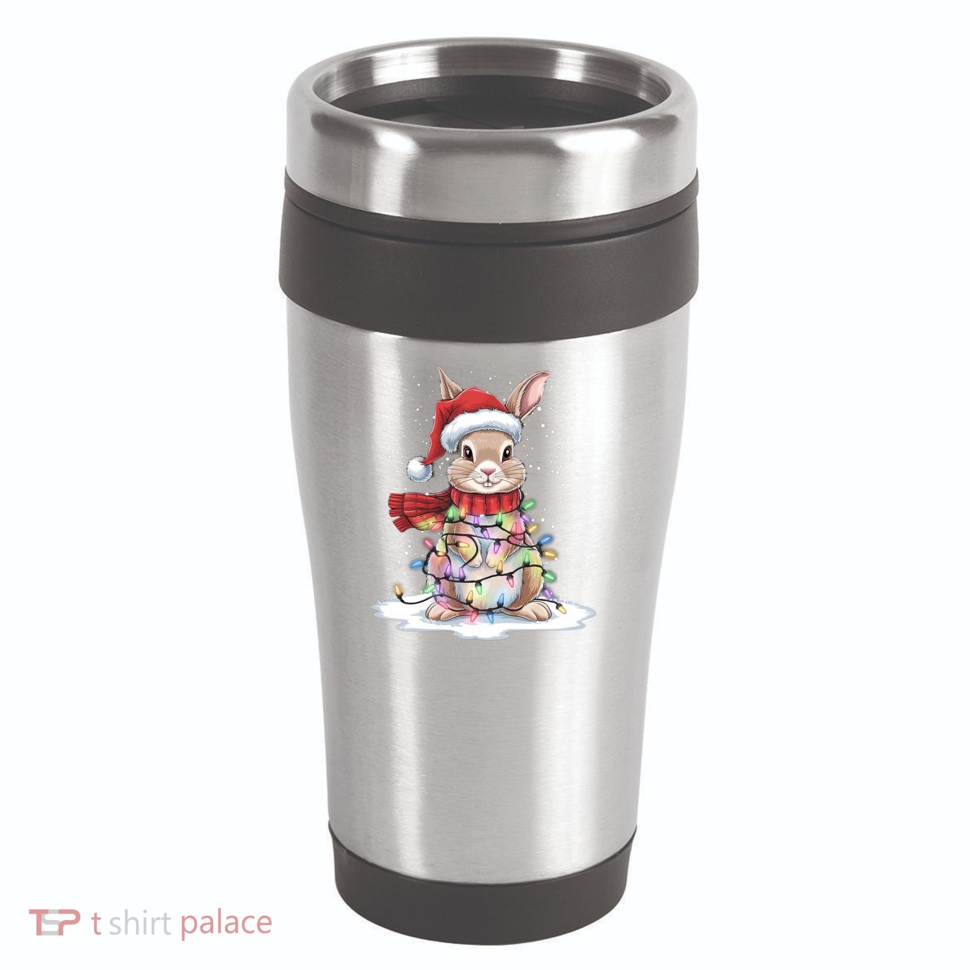 Christmas Tree Lights Rabbit Santa Hat Holiday Xmas Gift 16oz Travel Tumbler