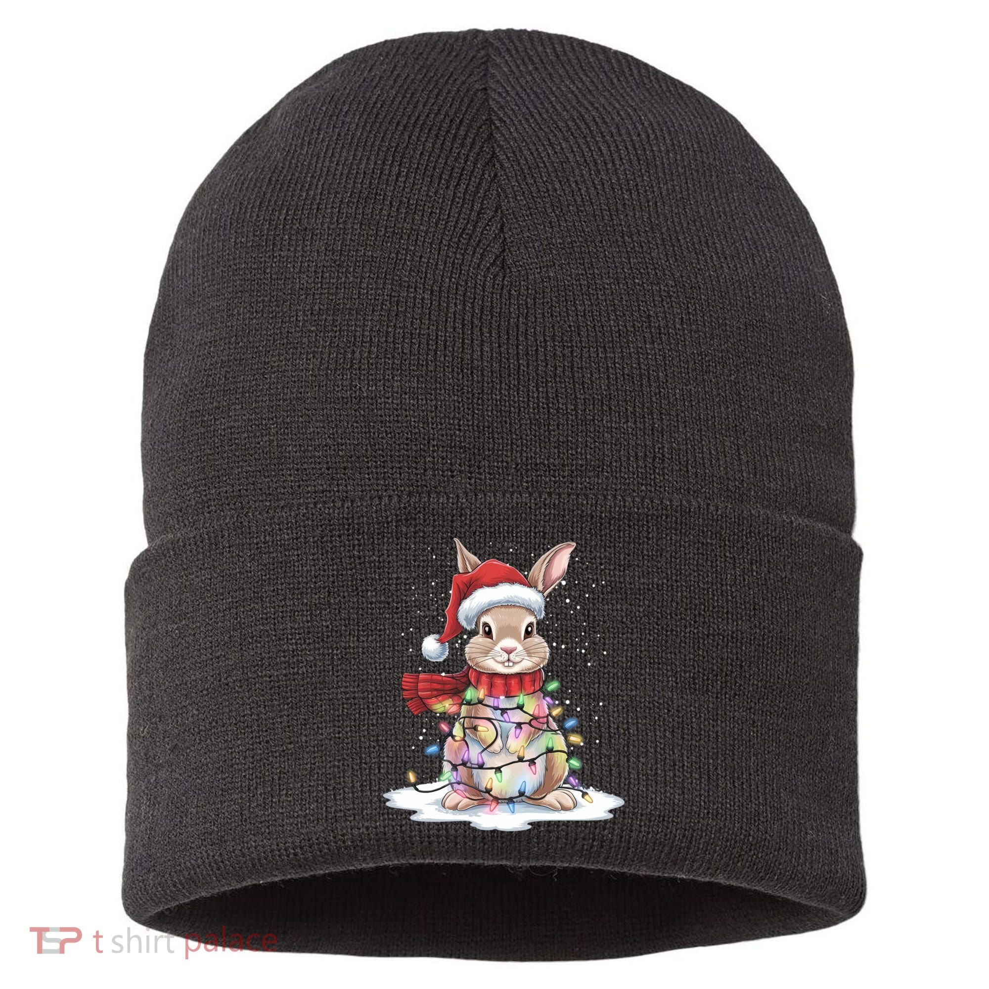 Christmas Tree Lights Rabbit Santa Hat Holiday Xmas Gift Sustainable Knit Beanie