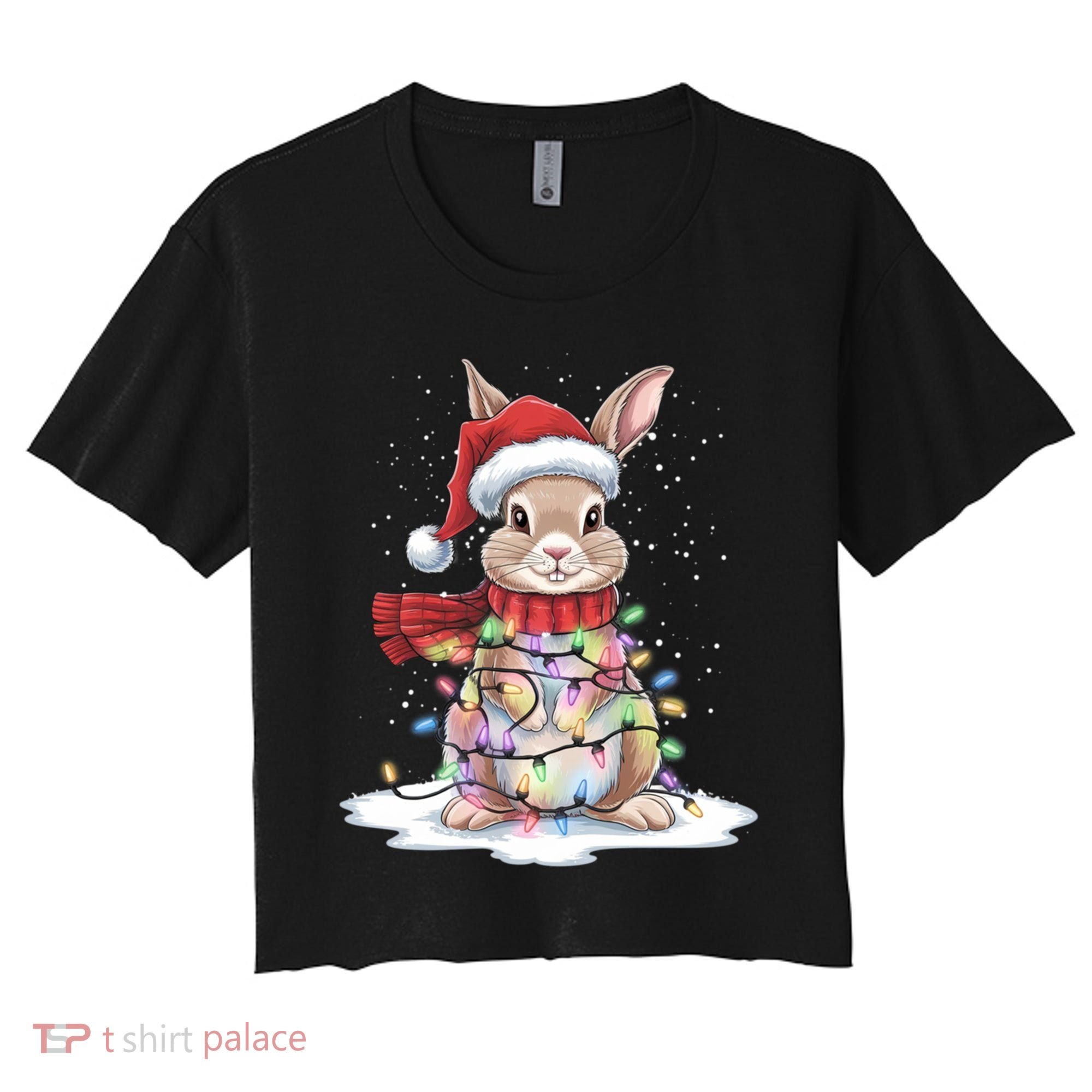 Christmas Tree Lights Rabbit Santa Hat Holiday Xmas Gift Women's Crop Top Tee