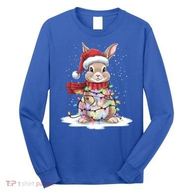 Christmas Tree Lights Rabbit Santa Hat Holiday Xmas Gift Long Sleeve Shirt