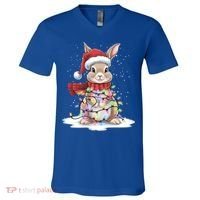 Christmas Tree Lights Rabbit Santa Hat Holiday Xmas Gift V-Neck T-Shirt thumb 0