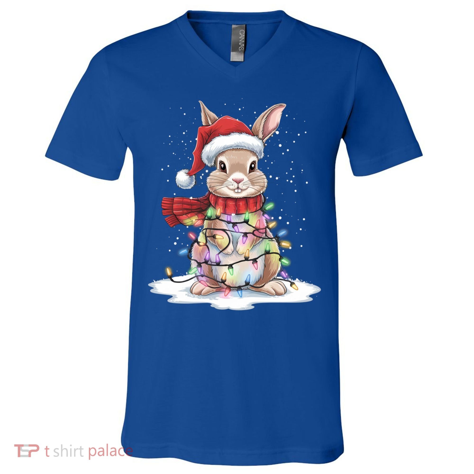 Christmas Tree Lights Rabbit Santa Hat Holiday Xmas Gift V-Neck T-Shirt