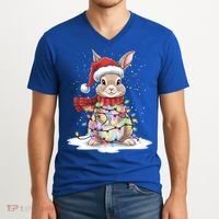 Christmas Tree Lights Rabbit Santa Hat Holiday Xmas Gift V-Neck T-Shirt thumb 2