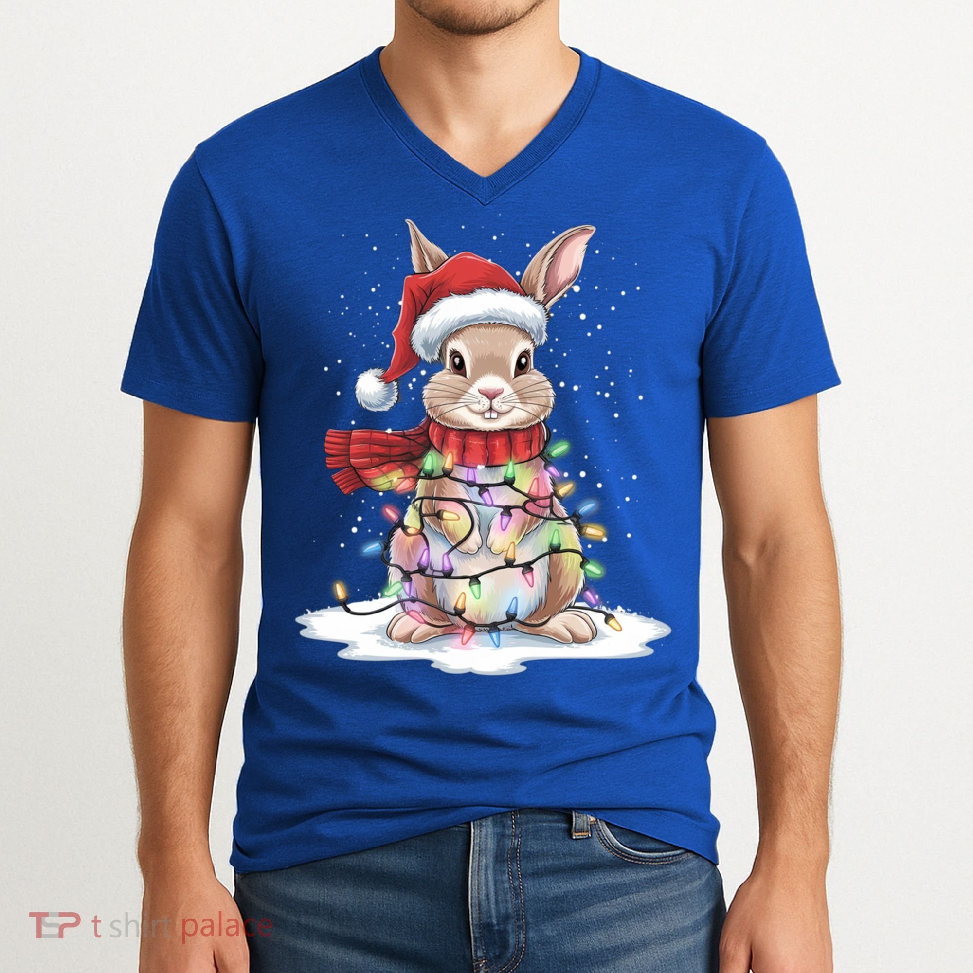 Christmas Tree Lights Rabbit Santa Hat Holiday Xmas Gift V-Neck T-Shirt