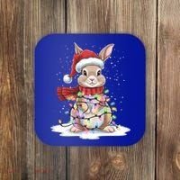 Christmas Tree Lights Rabbit Santa Hat Holiday Xmas Gift Coaster thumb 0