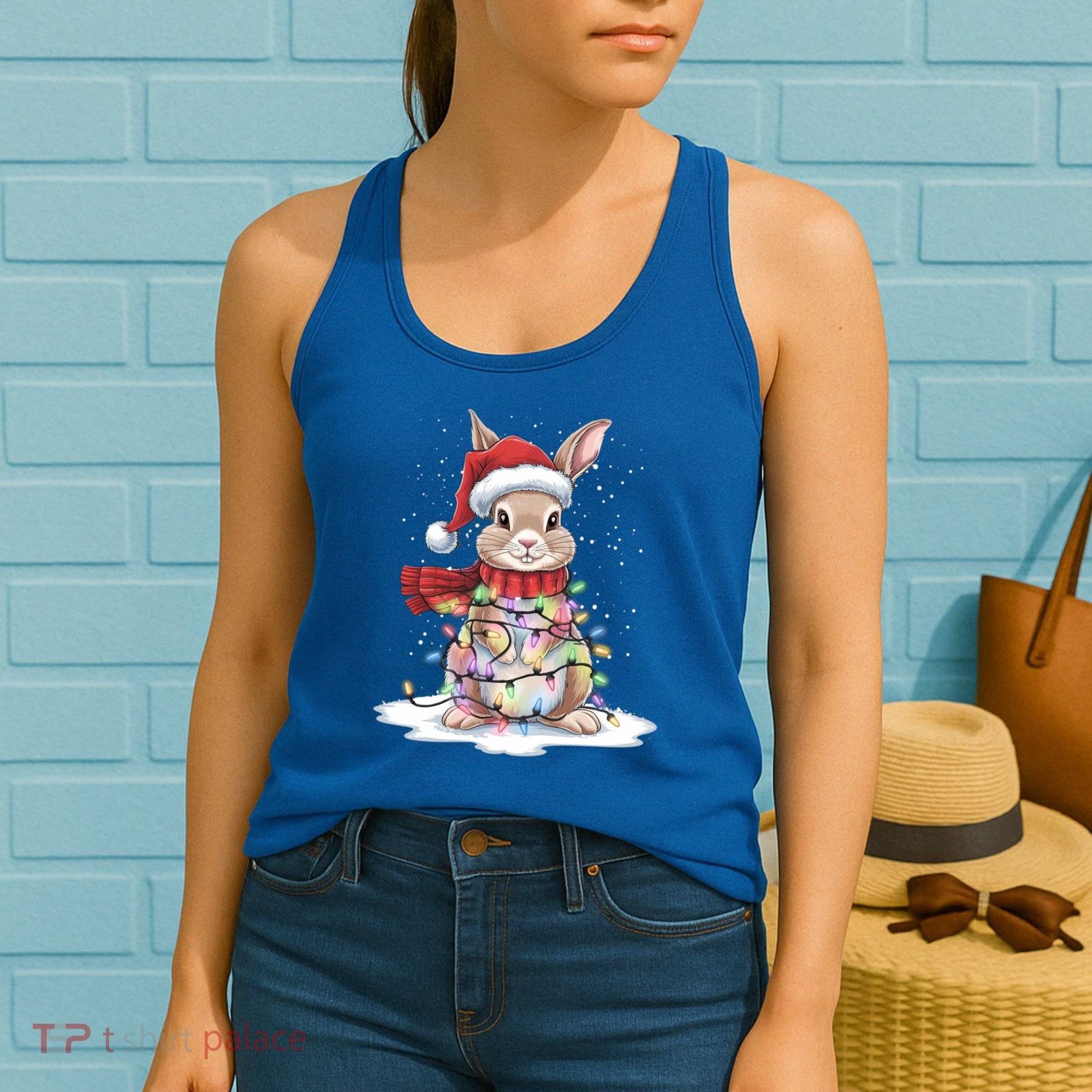 Christmas Tree Lights Rabbit Santa Hat Holiday Xmas Gift Women's Tank Top