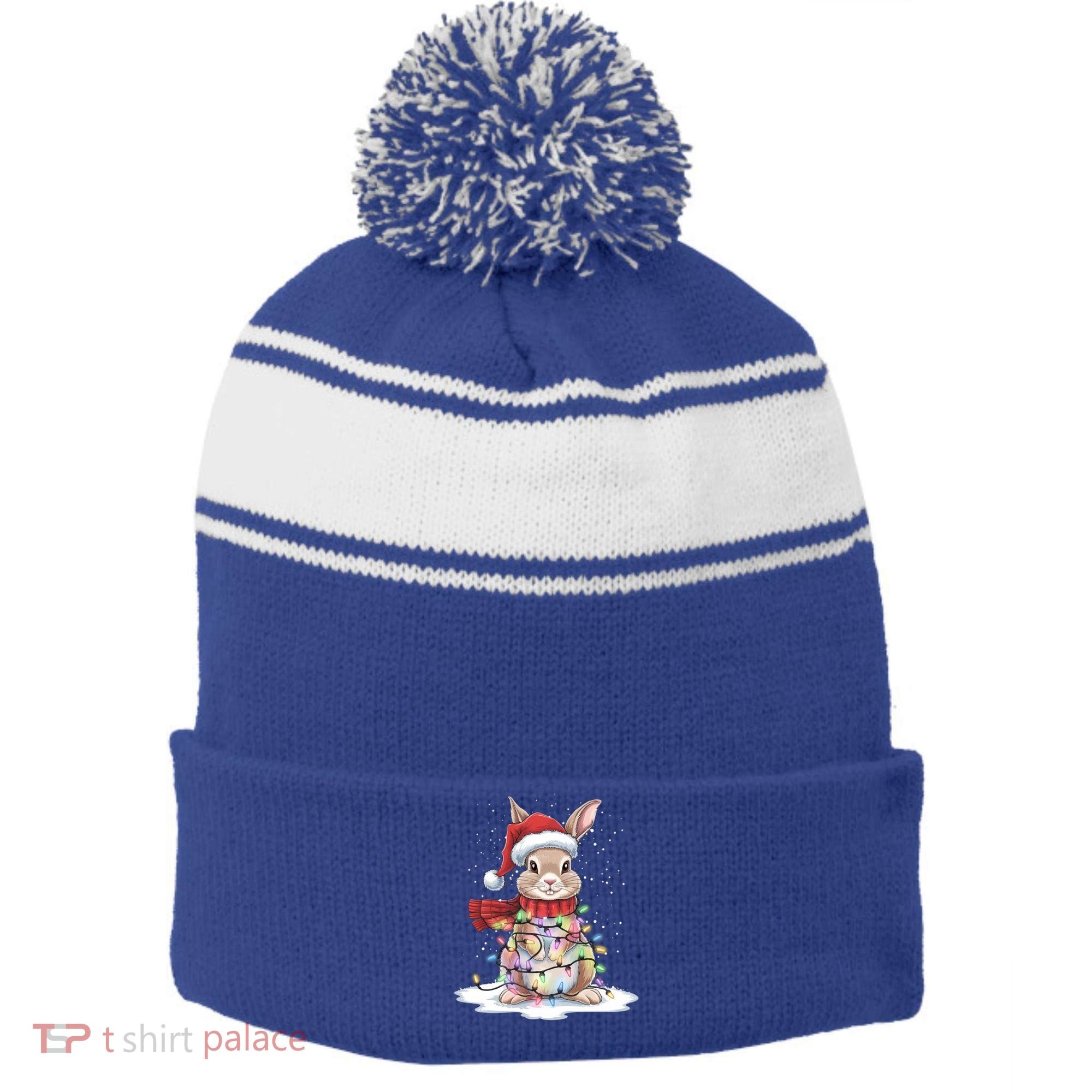 Christmas Tree Lights Rabbit Santa Hat Holiday Xmas Gift Stripe Pom Pom Beanie
