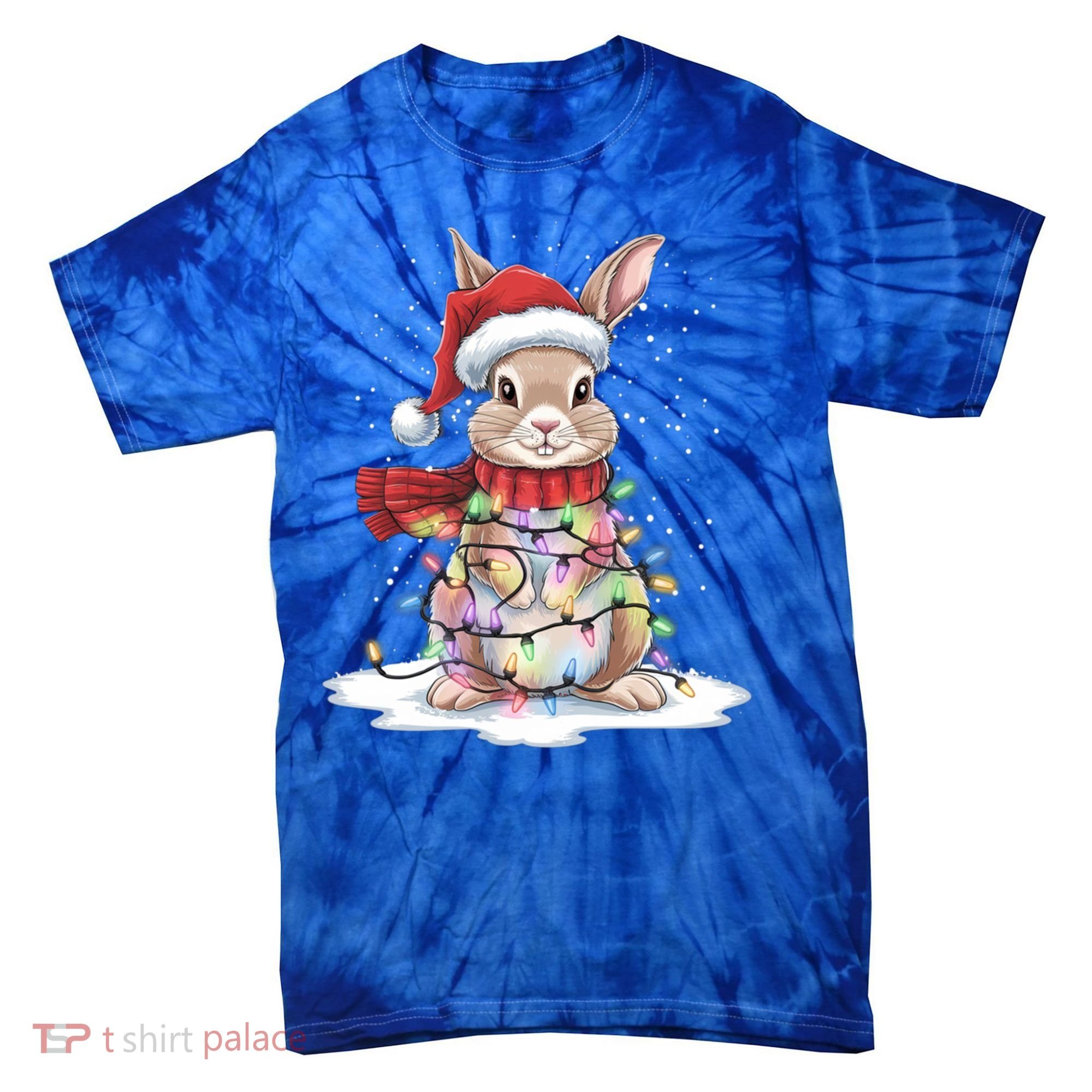 Christmas Tree Lights Rabbit Santa Hat Holiday Xmas Gift Tie-Dye T-Shirt
