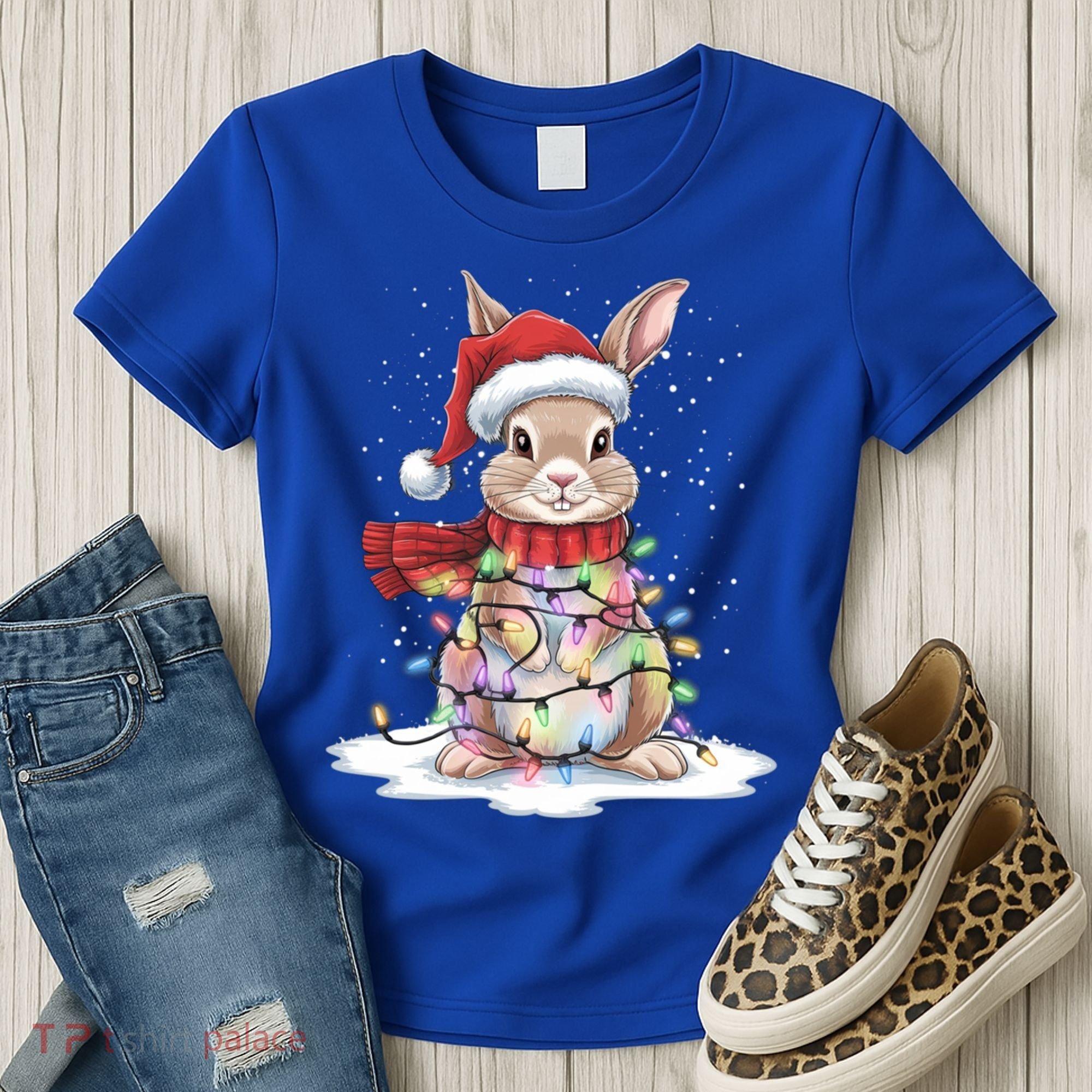 Christmas Tree Lights Rabbit Santa Hat Holiday Xmas Gift Women's T-Shirt