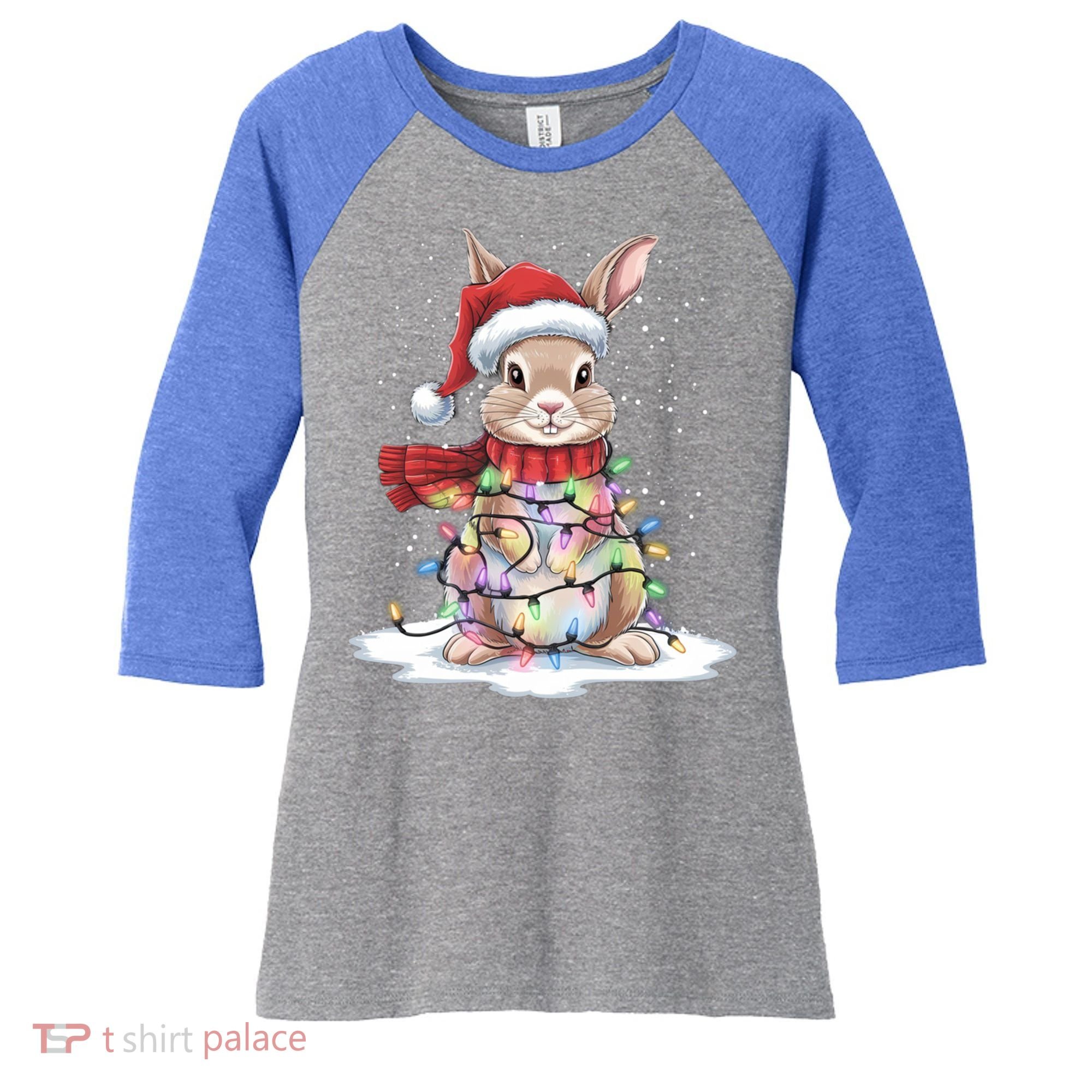Christmas Tree Lights Rabbit Santa Hat Holiday Xmas Gift Women's Tri-Blend 3/4-Sleeve Raglan Shirt
