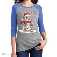 Christmas Tree Lights Rabbit Santa Hat Holiday Xmas Gift Women's Tri-Blend 3/4-Sleeve Raglan Shirt thumb 2