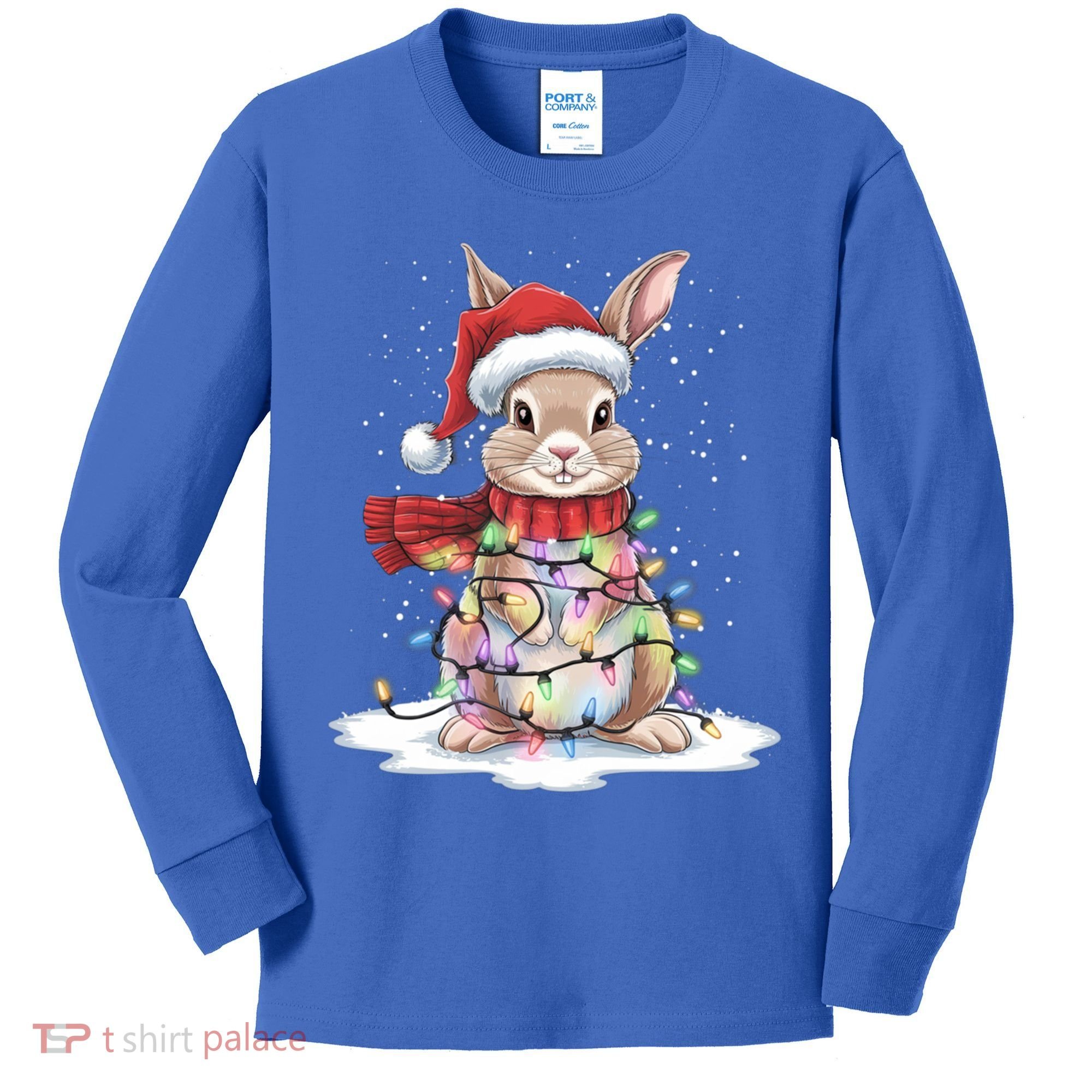 Christmas Tree Lights Rabbit Santa Hat Holiday Xmas Gift Kids Long Sleeve Shirt