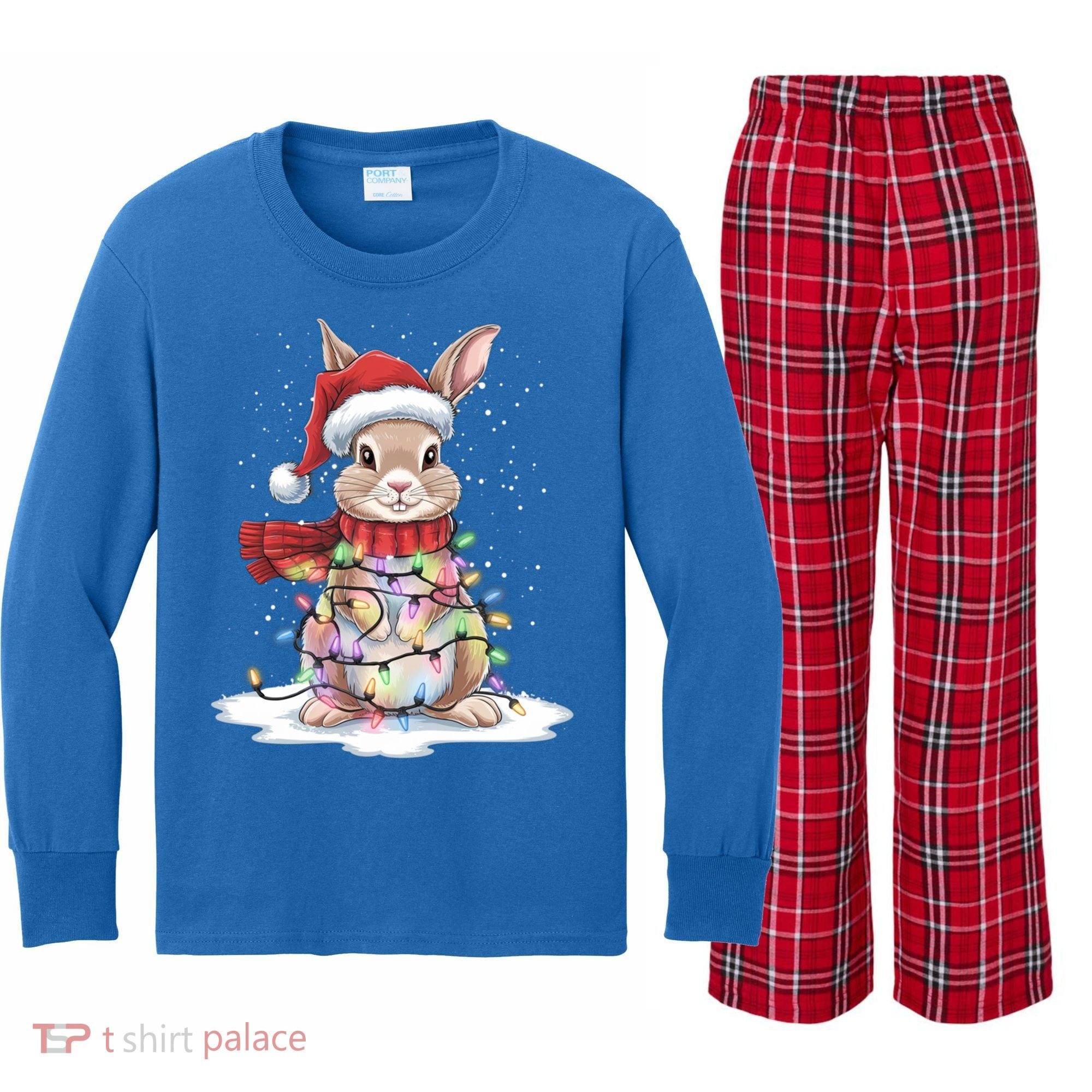 Christmas Tree Lights Rabbit Santa Hat Holiday Xmas Gift Kids Long Sleeve Plaid Pajama Set