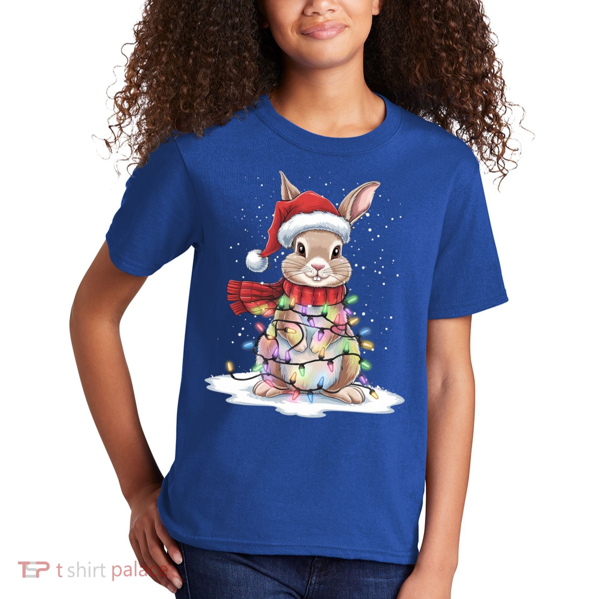 Christmas Tree Lights Rabbit Santa Hat Holiday Xmas Gift Kids T-Shirt