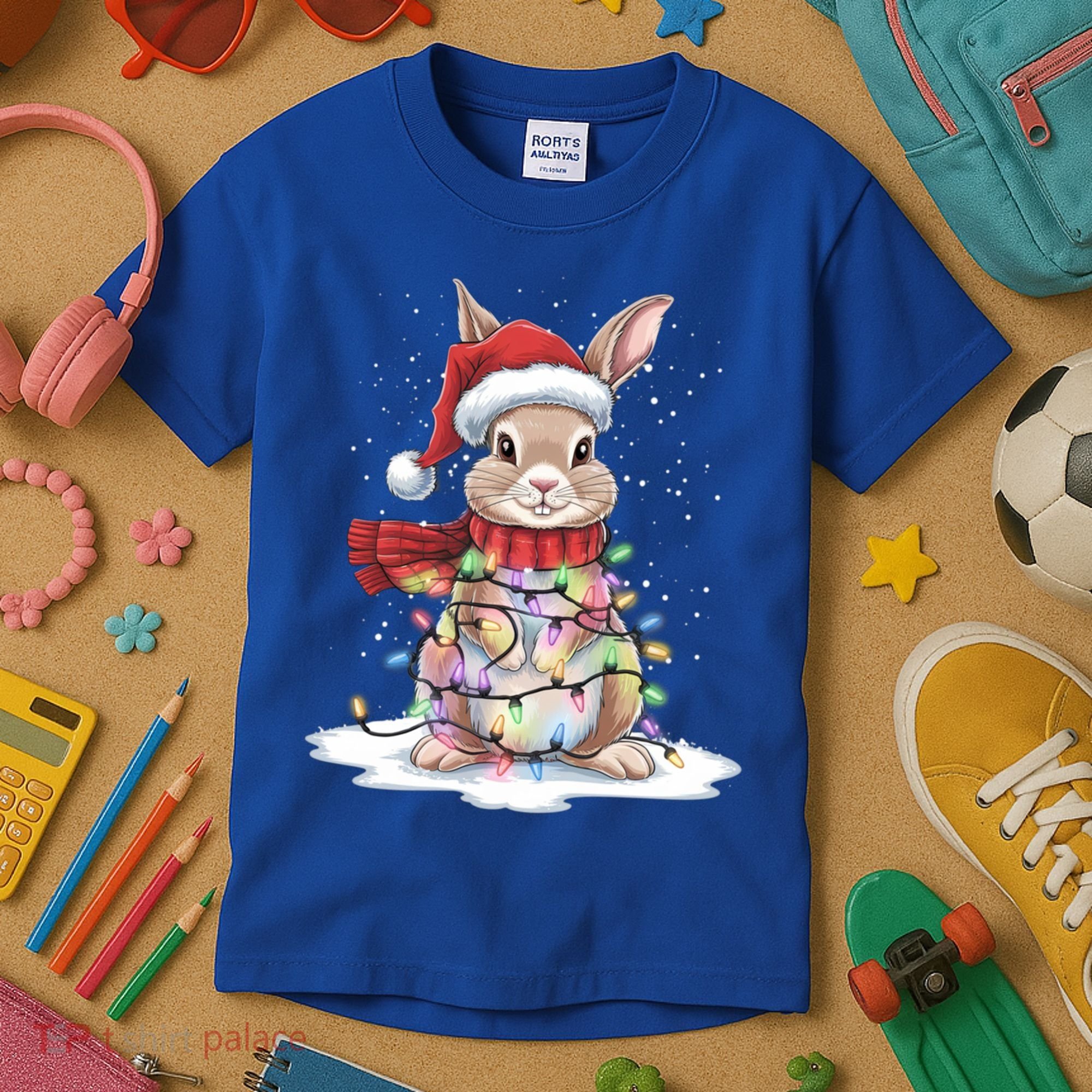 Christmas Tree Lights Rabbit Santa Hat Holiday Xmas Gift Kids T-Shirt
