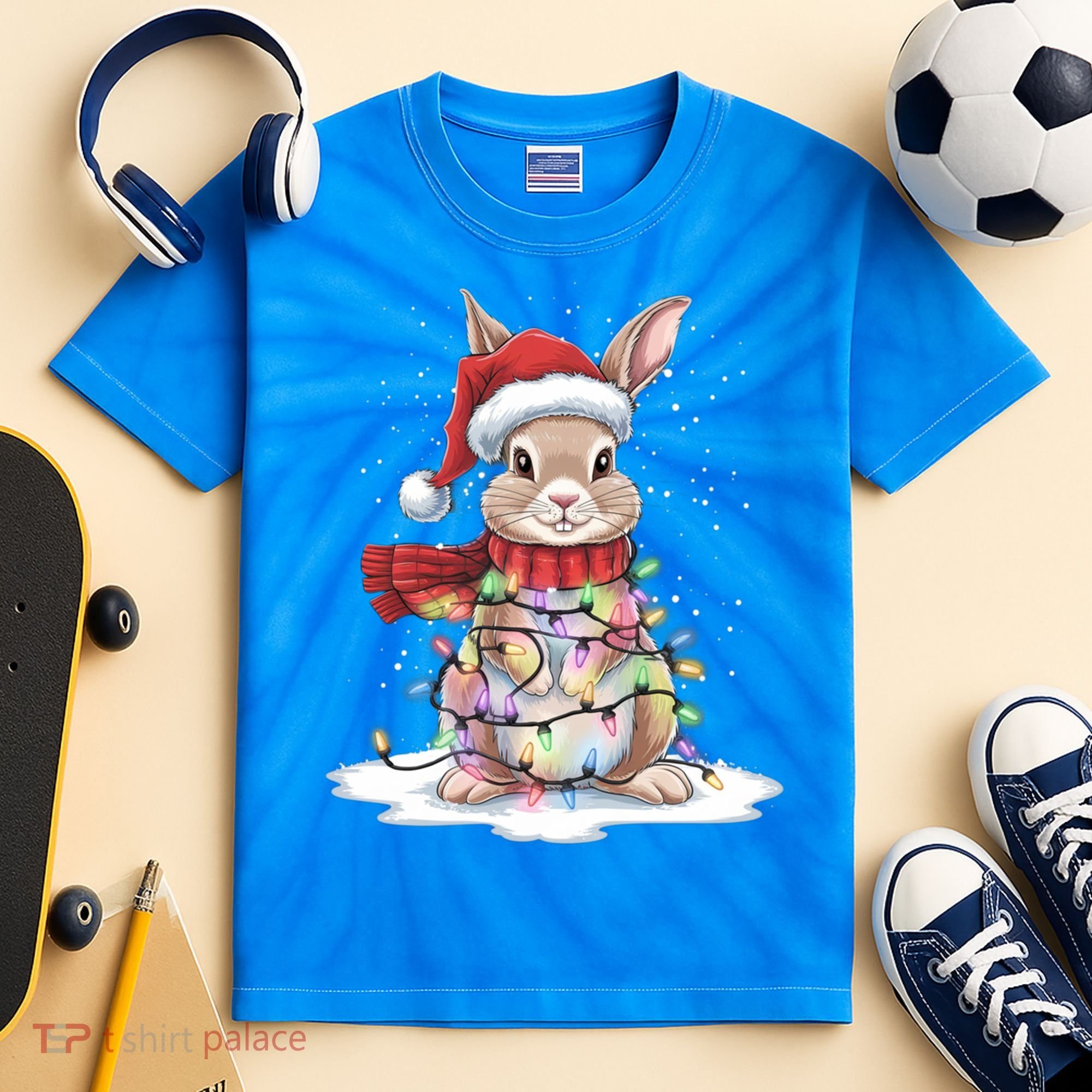 Christmas Tree Lights Rabbit Santa Hat Holiday Xmas Gift Kids Tie-Dye T-Shirt