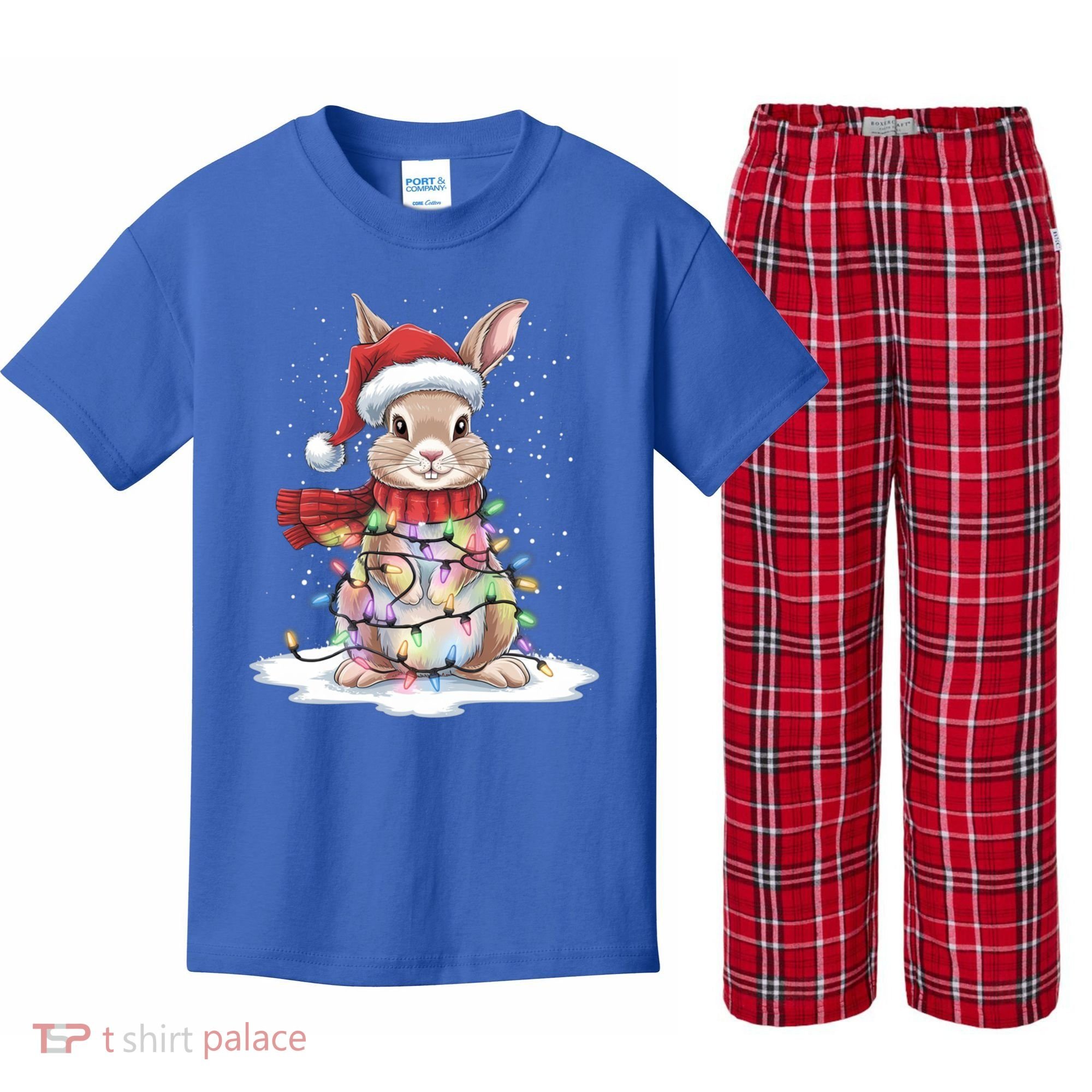 Christmas Tree Lights Rabbit Santa Hat Holiday Xmas Gift Kids Plaid Pajama Set