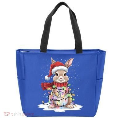 Christmas Tree Lights Rabbit Santa Hat Holiday Xmas Gift Tote Bag