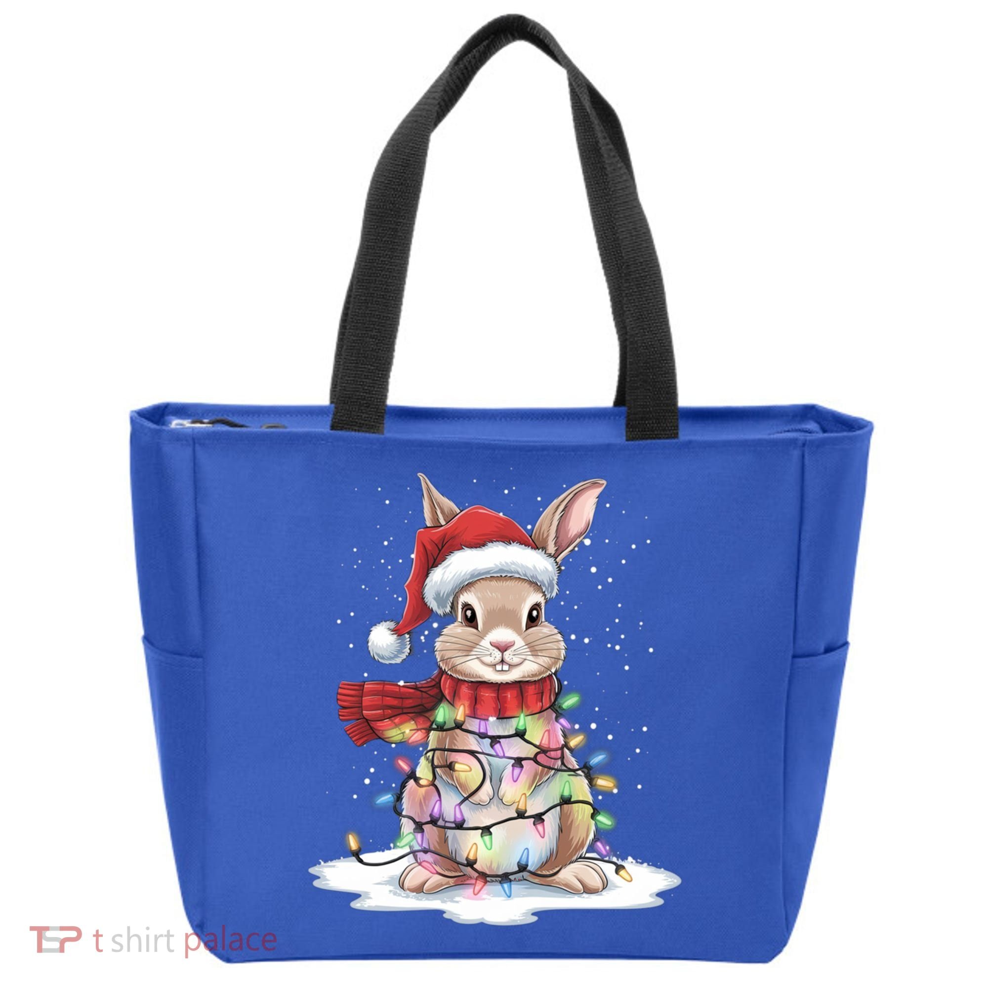 Christmas Tree Lights Rabbit Santa Hat Holiday Xmas Gift Tote Bag