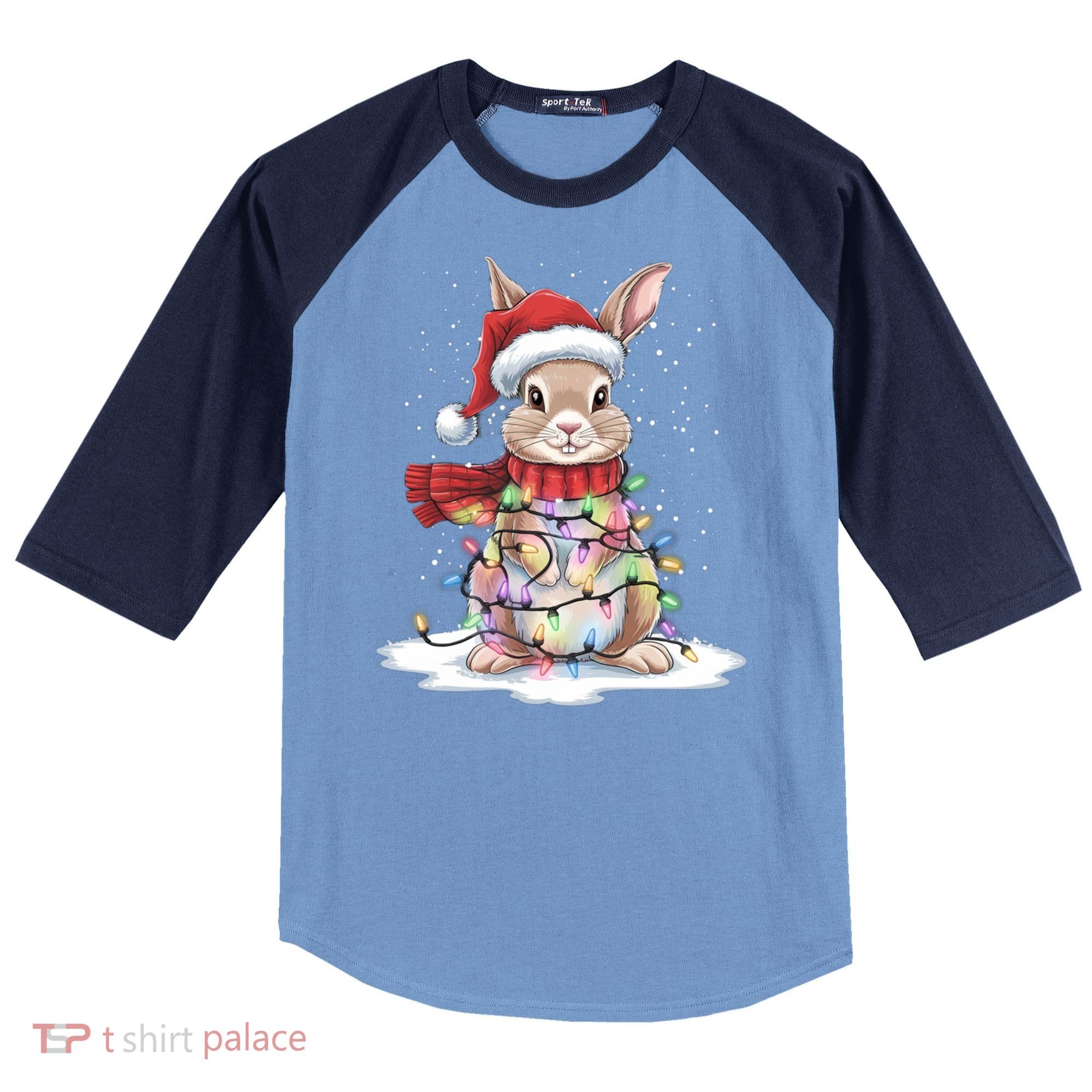 Christmas Tree Lights Rabbit Santa Hat Holiday Xmas Gift Raglan Baseball Sleeve Shirt