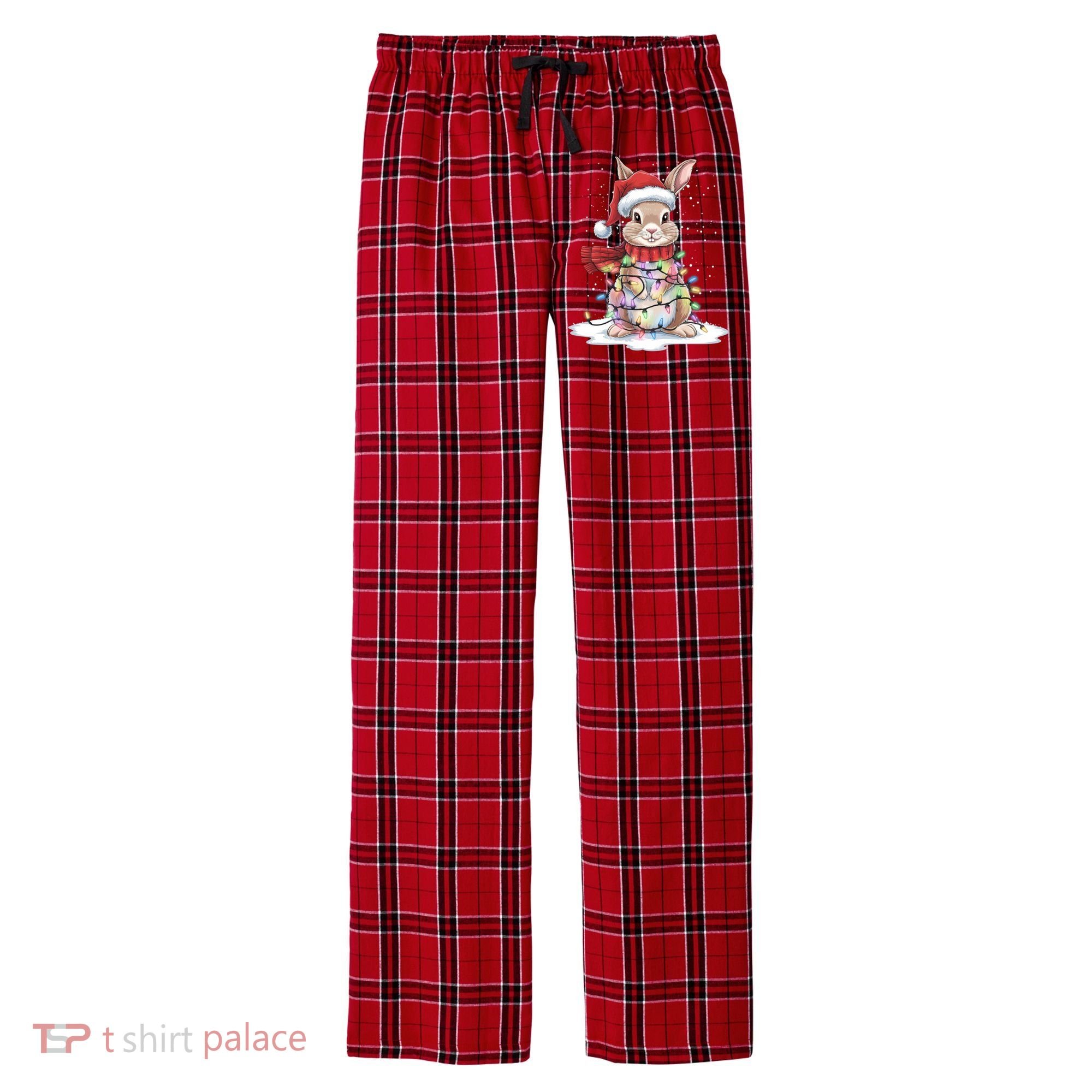 Christmas Tree Lights Rabbit Santa Hat Holiday Xmas Gift Men's Flannel Plaid Pajama Pants