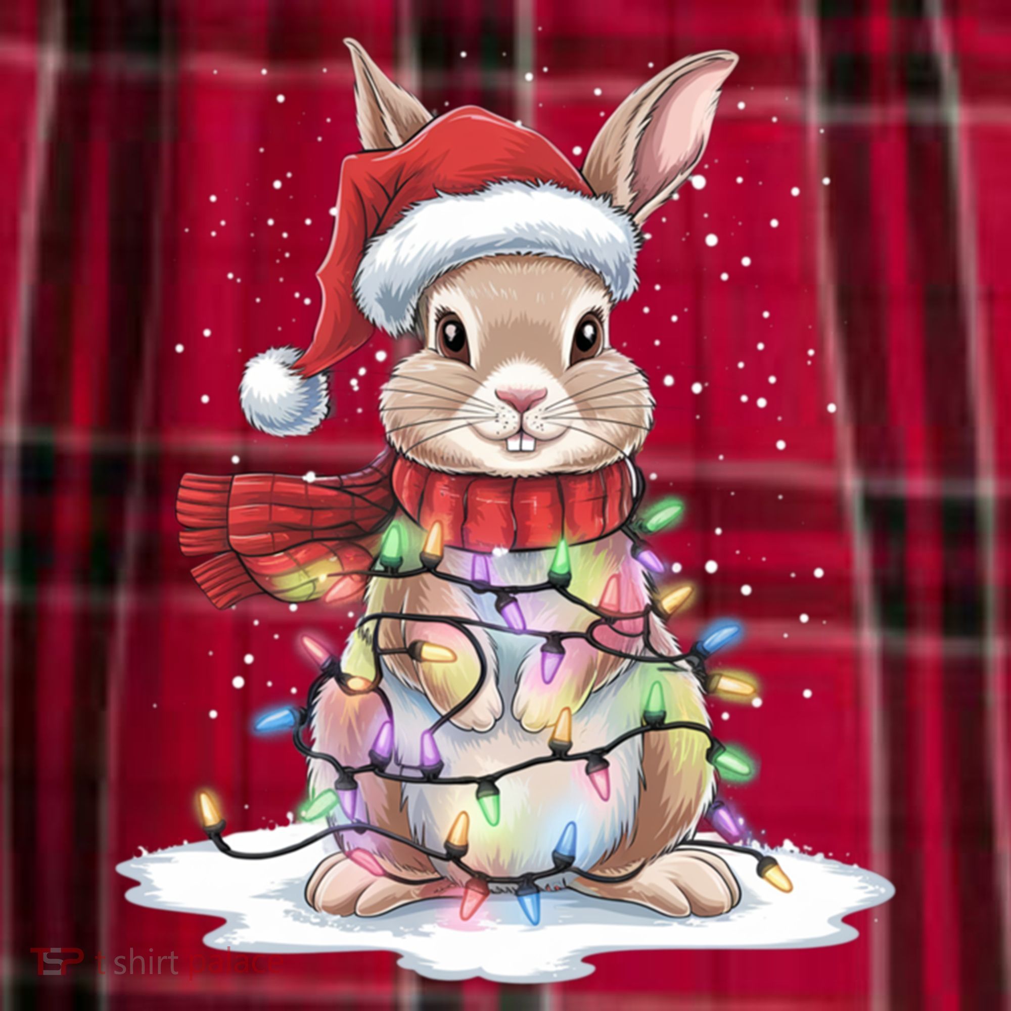 Christmas Tree Lights Rabbit Santa Hat Holiday Xmas Gift Men's Flannel Plaid Pajama Pants