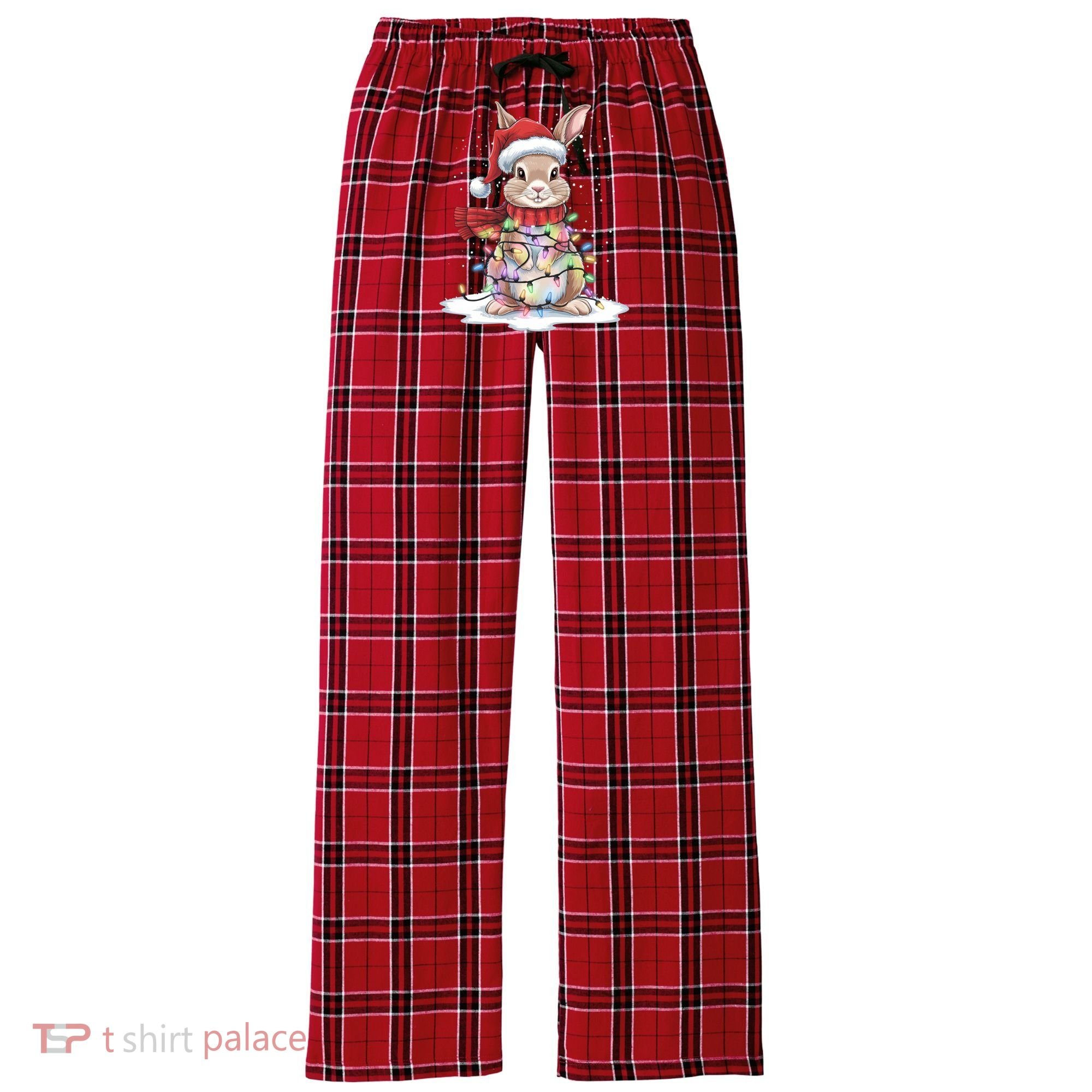 Christmas Tree Lights Rabbit Santa Hat Holiday Xmas Gift Women's Flannel Plaid Pajama Pants