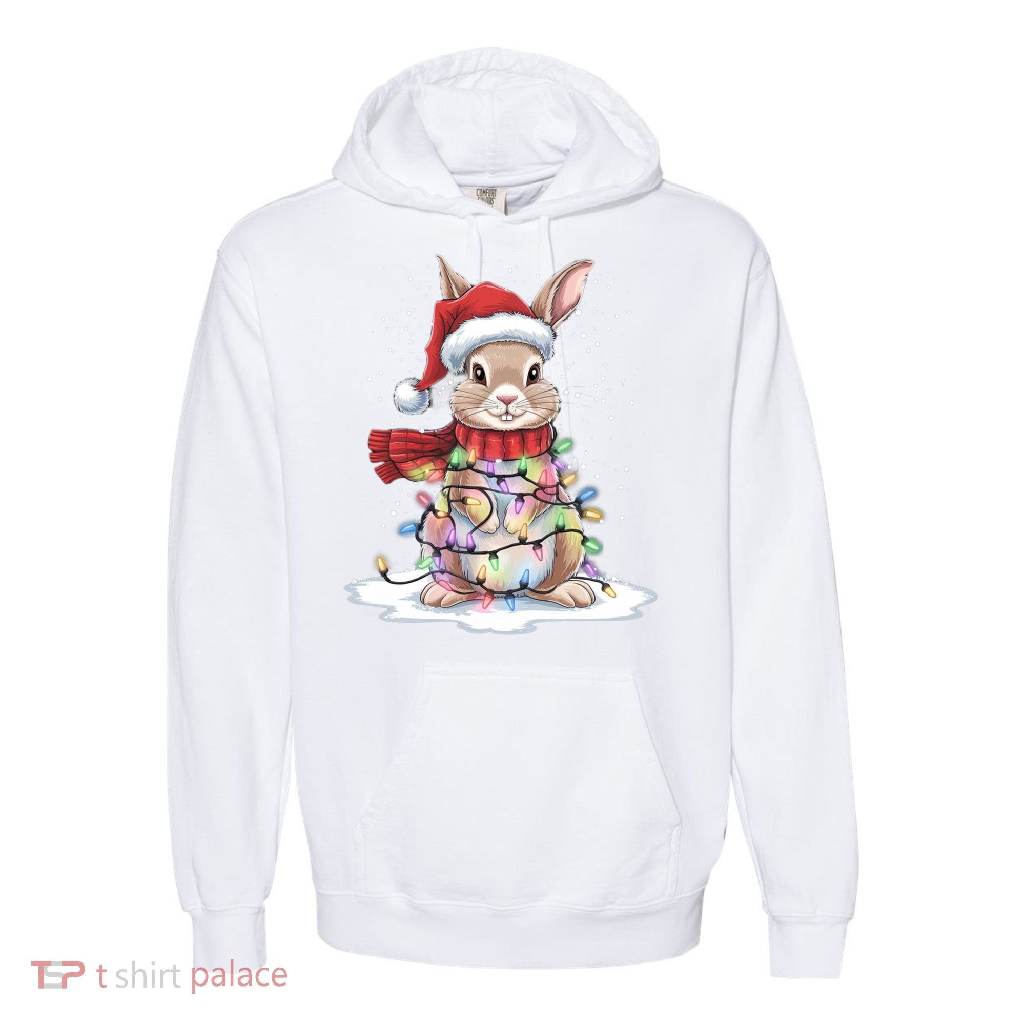 Christmas Tree Lights Rabbit Santa Hat Holiday Xmas Gift Comfort Colors Garment-Dyed Hooded Sweatshirt